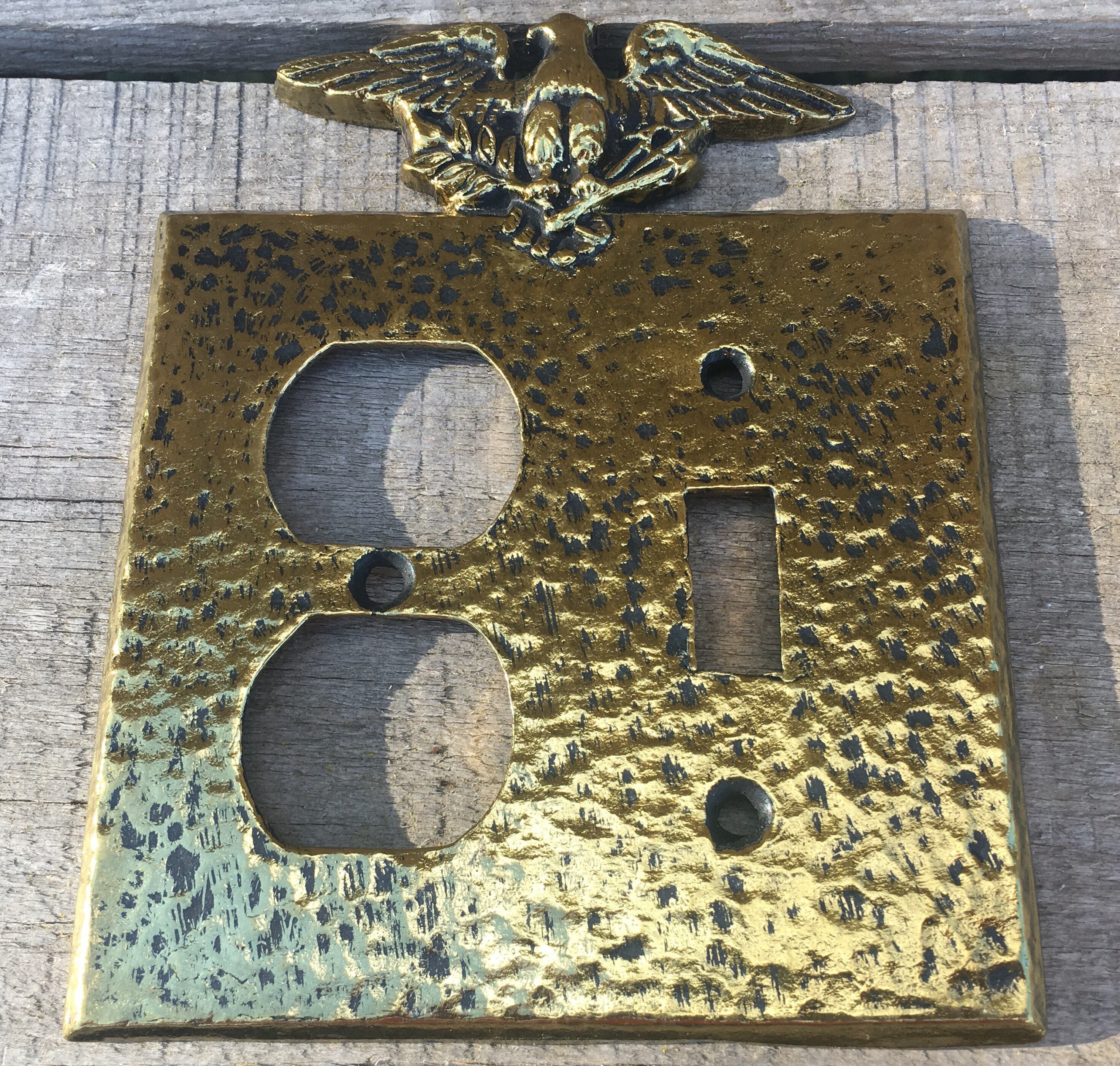 Vintage Heavy Brass Eagle Toggle Switch Plate and Plugin Cover Combo
