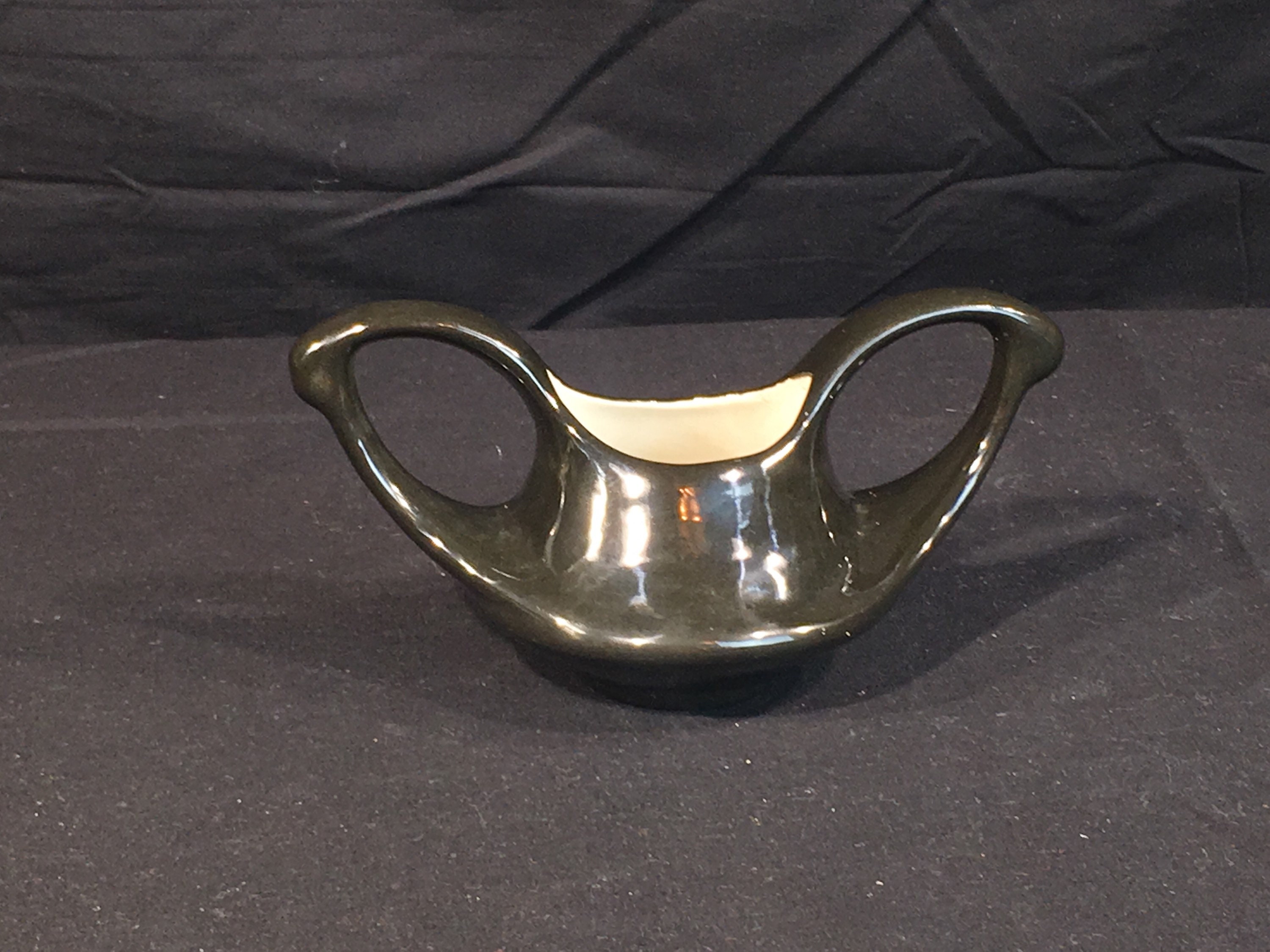 Mid Century Black Ceramic Vase, M Rowlee 1954 Pottery, Skyphos Dual Handle Wine Cup,Vintage Jet