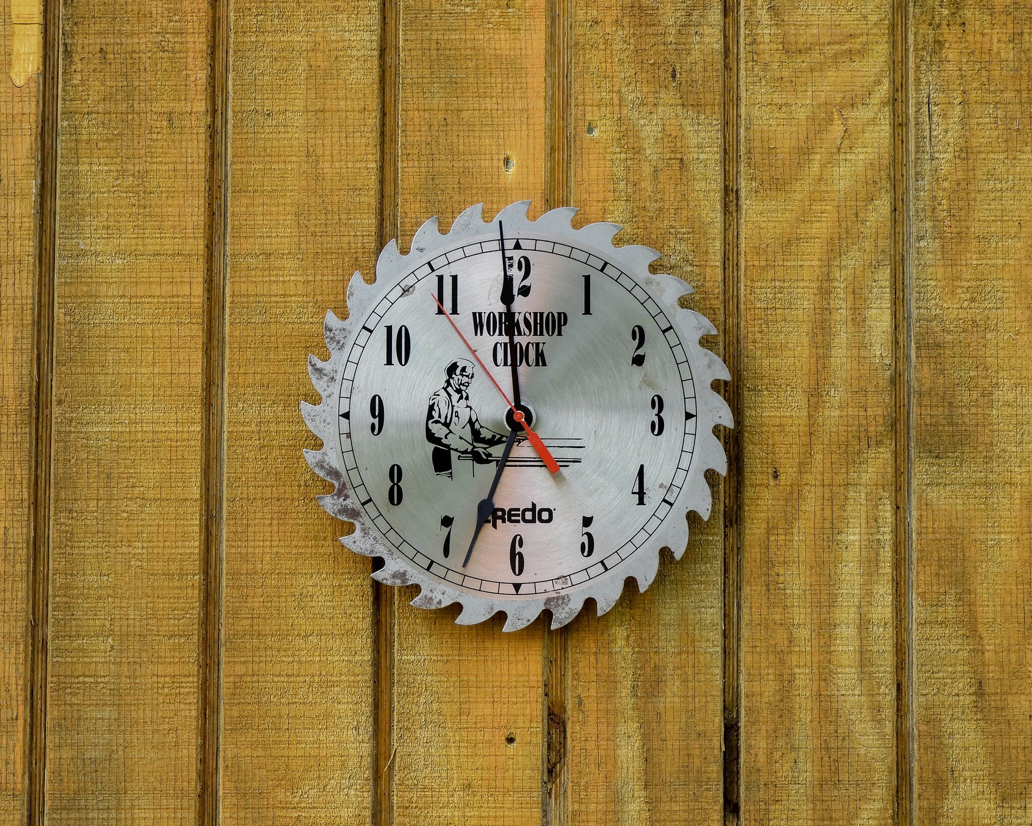 Vintage Saw Clock, Brushed Stainless, Distressed Blade, Industrial
