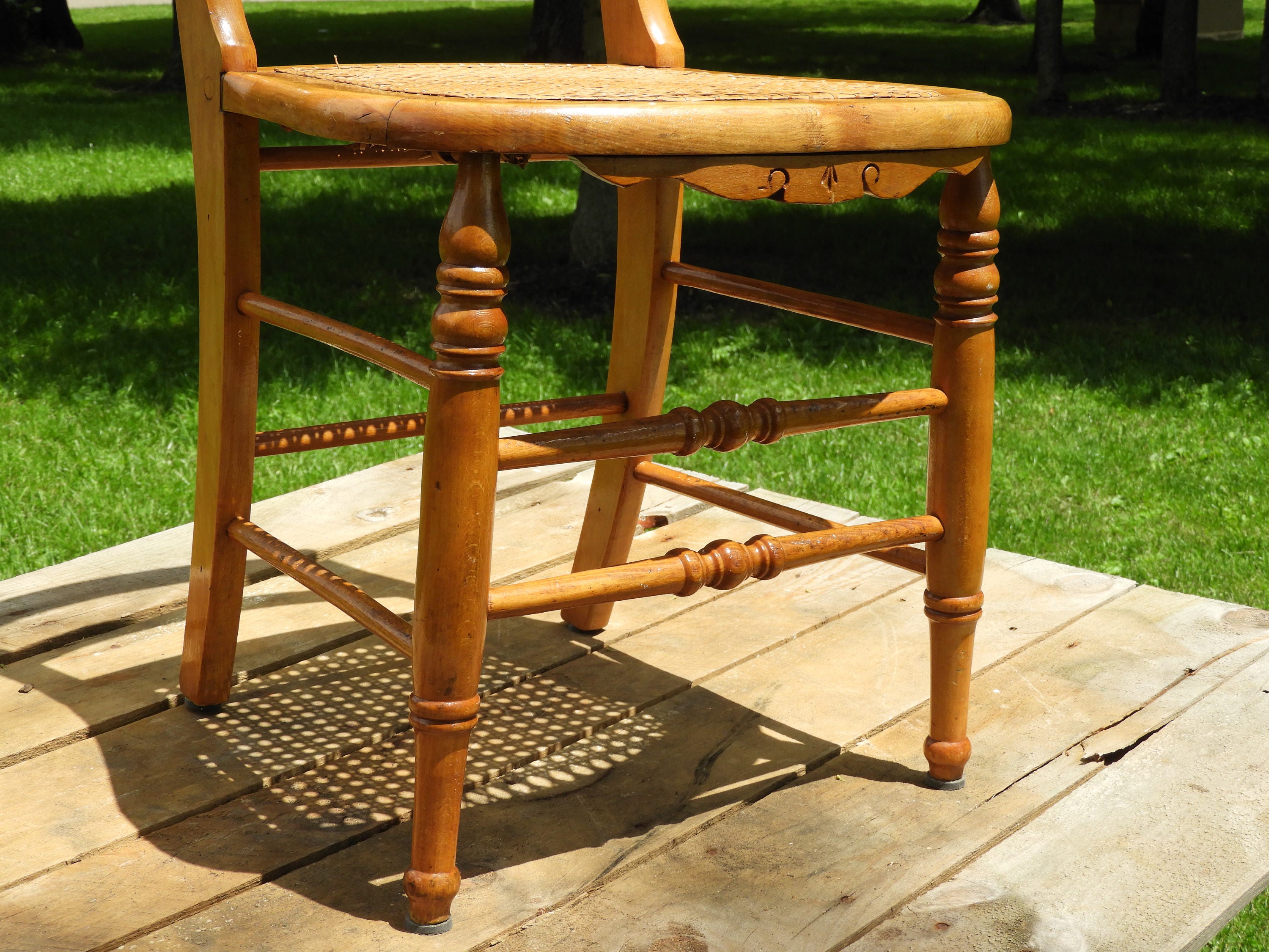 Antique Cane Chair, Spindle Accent Chair, Ornate Maple Gold Dining
