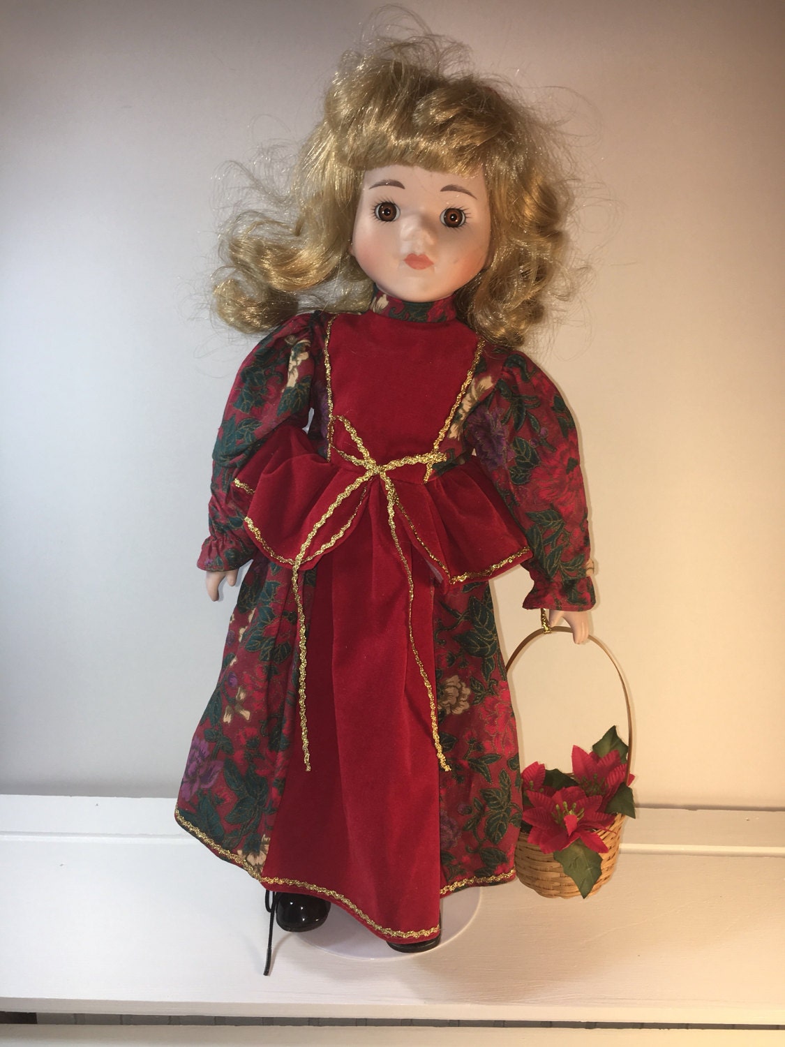 Vintage Holiday Porcelain Doll, Hand Painted Fine Porcelain Figurine