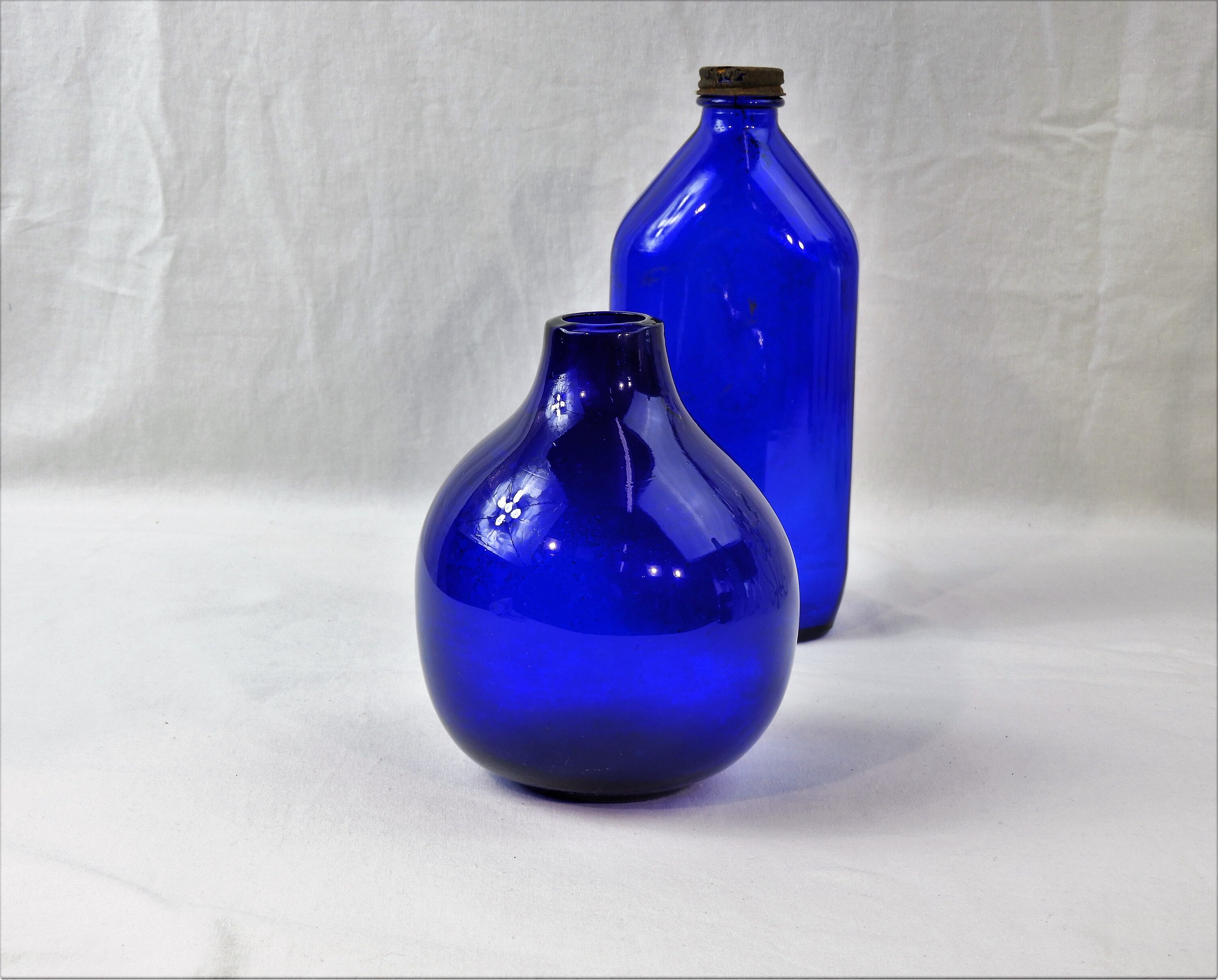 Vintage Cobalt Blue Vase, Blown Glass, Small Round Globe, Kitchen Decor
