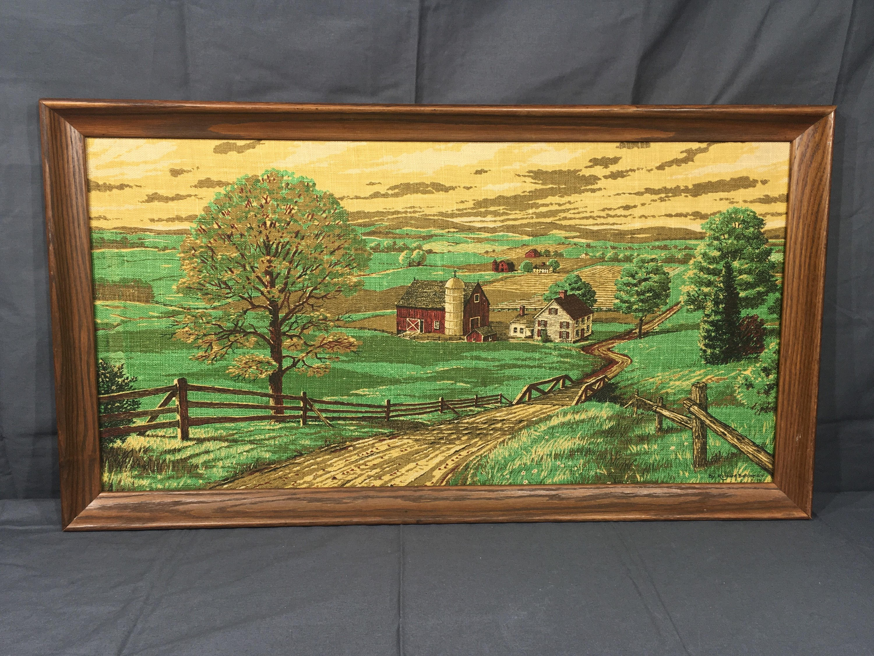 Vintage Farm Print, Richard Batchelder Framed Linen Art, Decorative