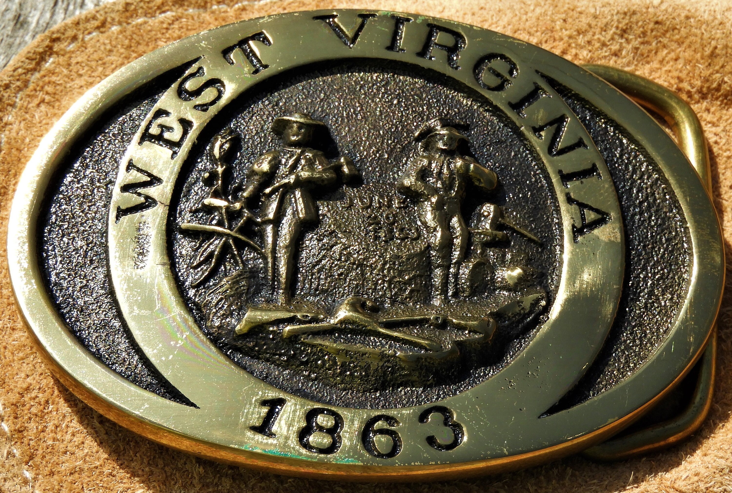 Vintage Brass Belt Buckle, West Virginia 1863 Souvenir, Gold Logger