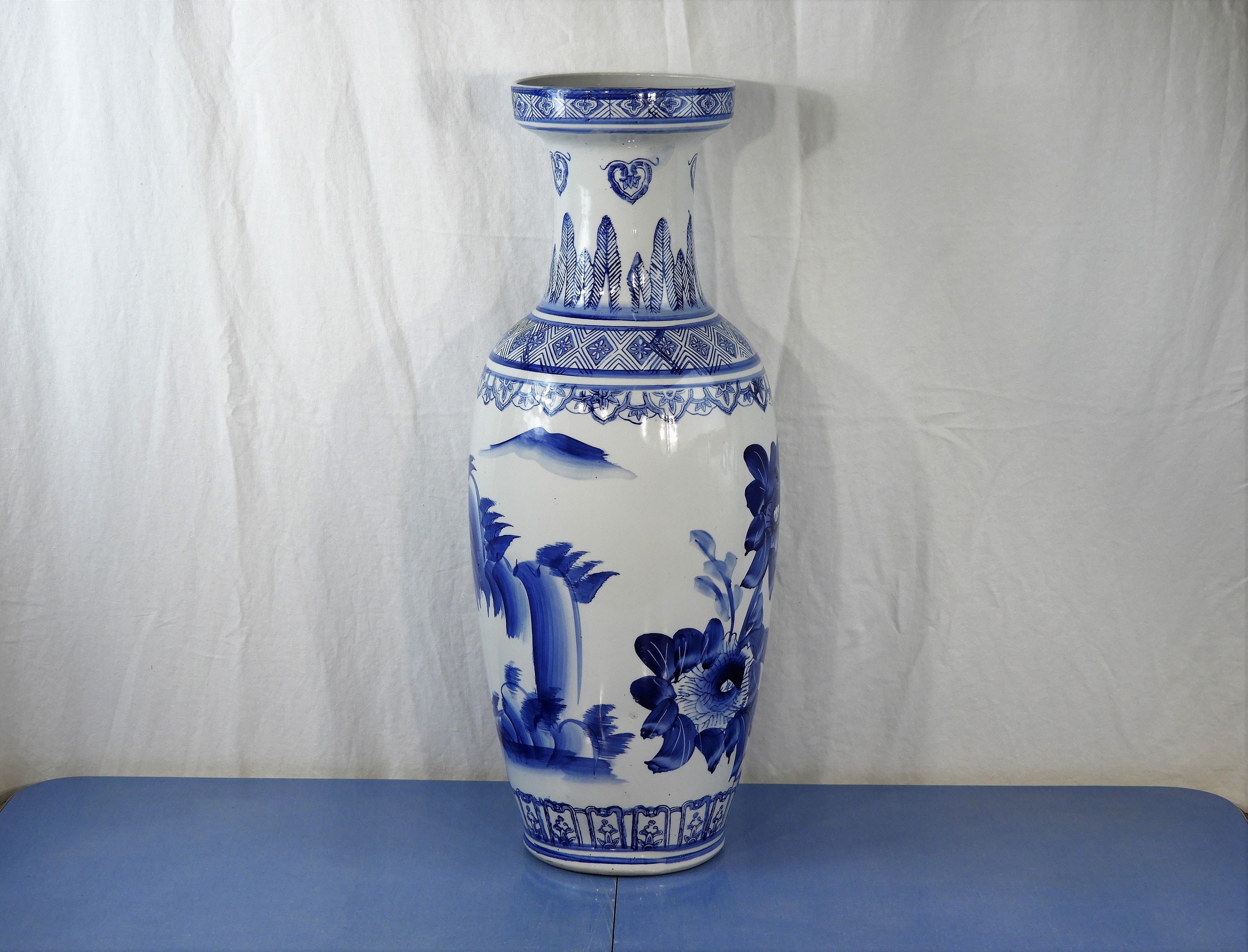 Vintage Chinese Baluster Vase, Blue & White Porcelain, Oriental Floor