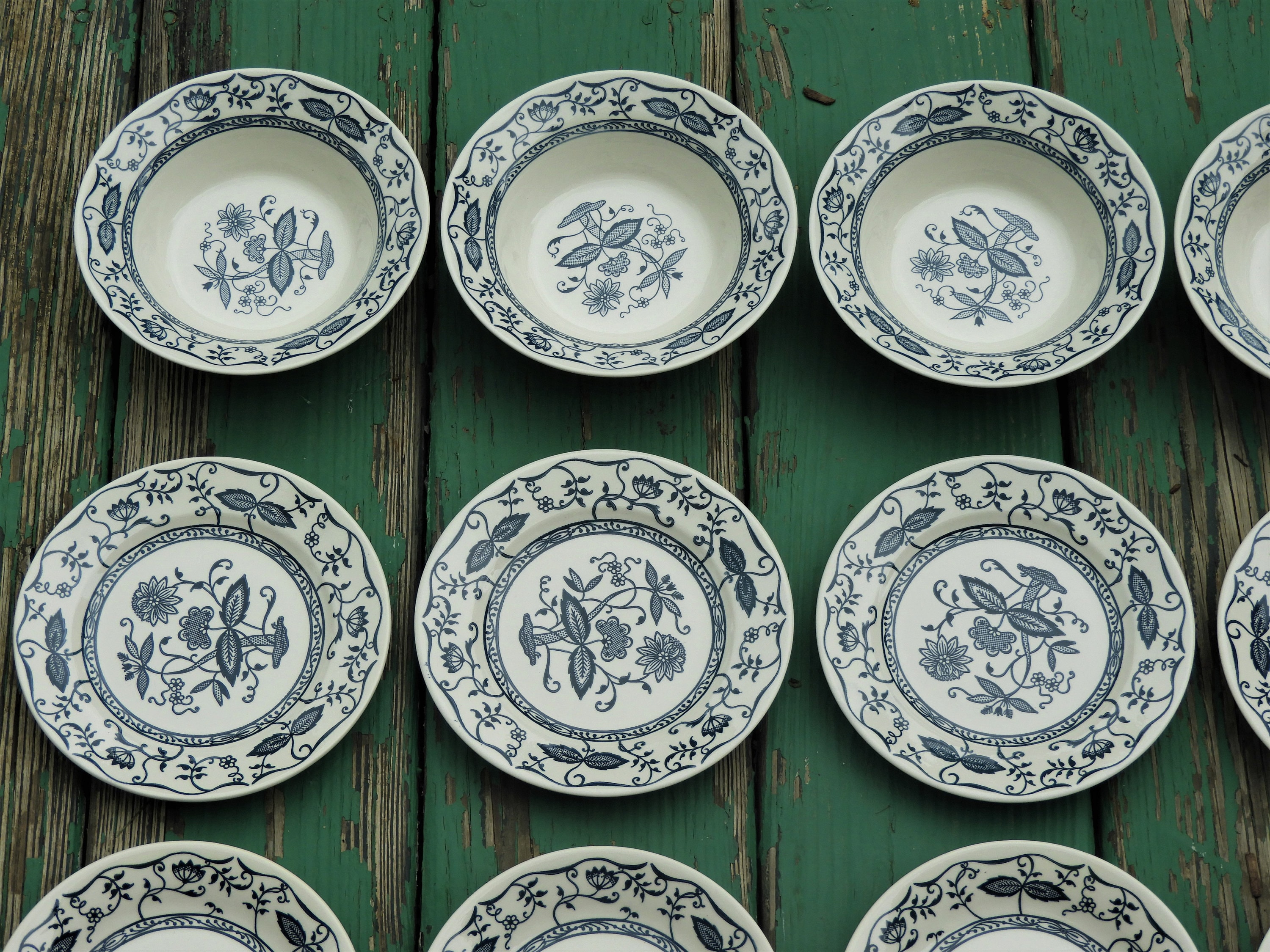 Vintage Blue Onion Dinnerware (12 pcs), Blue White China, Decorative Dishes, Four Pie Plates
