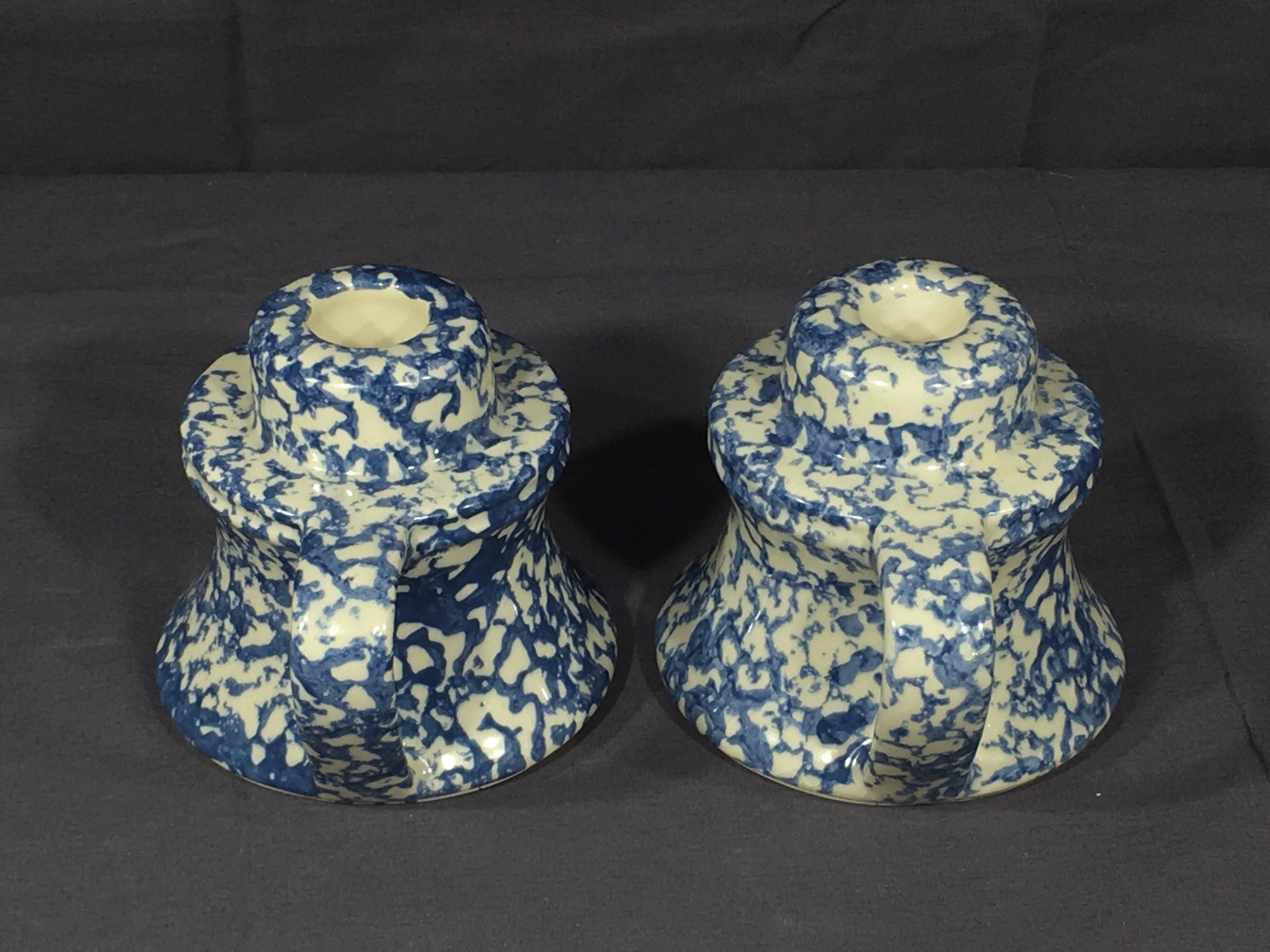 Vintage Sponge Ware Candle Holders (2), Decorative Blue White Chamber