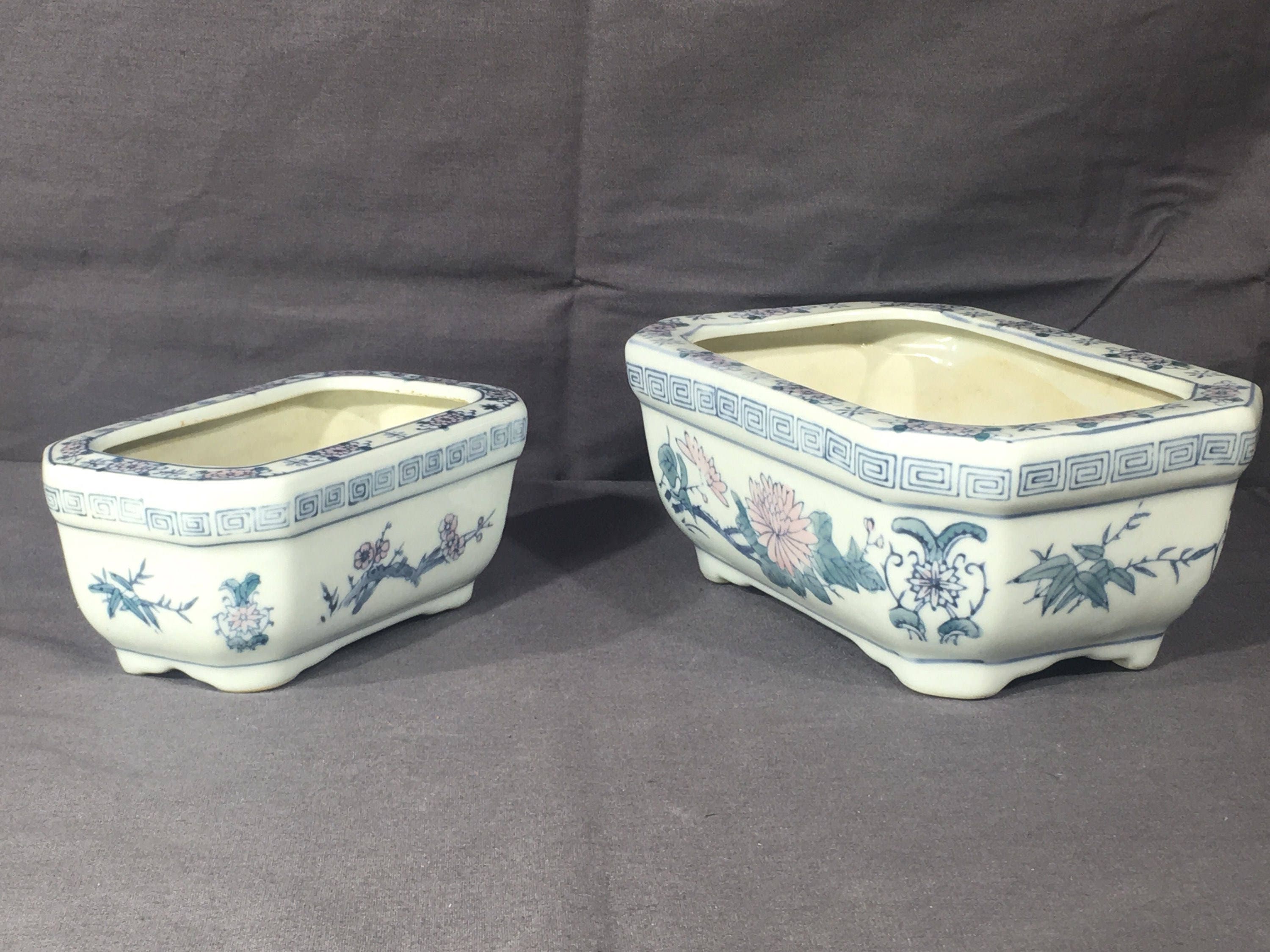 Vintage Chinese Planters (2), Decorative White Blue Ceramic Rose