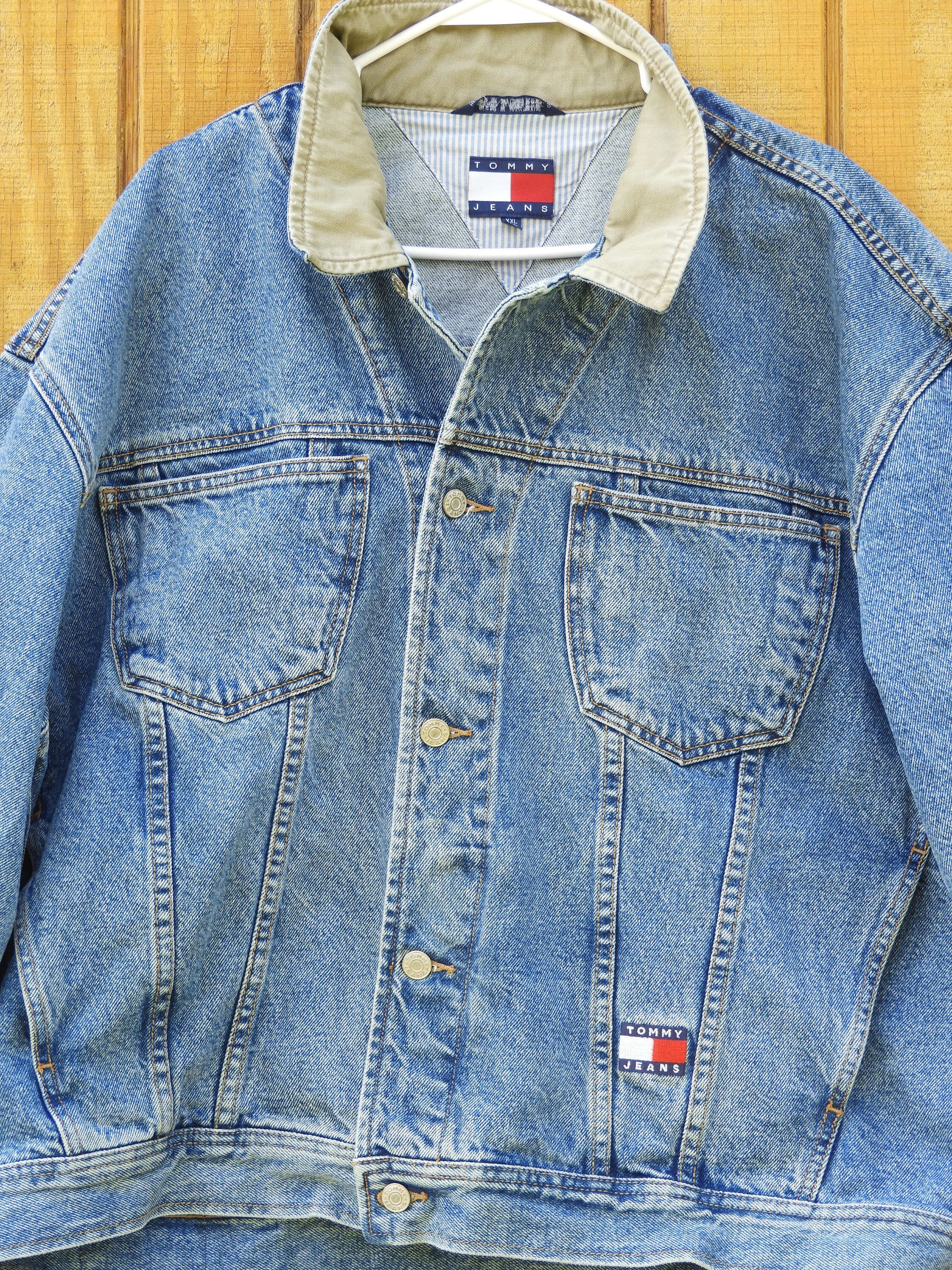 Vintage Tommy Hilfiger Jacket, Blue Jean Trucker Coat, Mens XXL Fashion