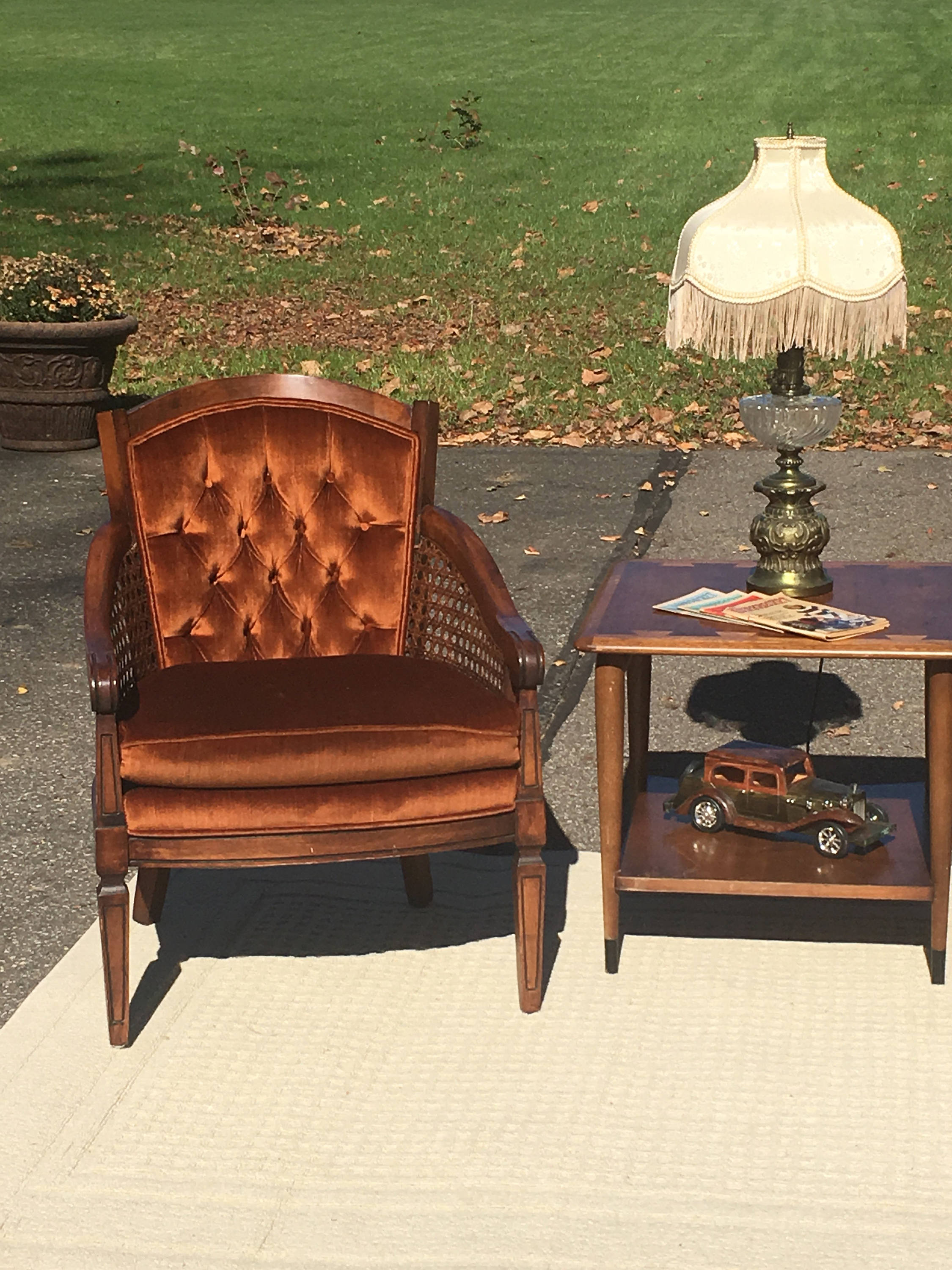 Vintage Rattan & Velvet Chair, Mid Century Furniture, Brown Copper