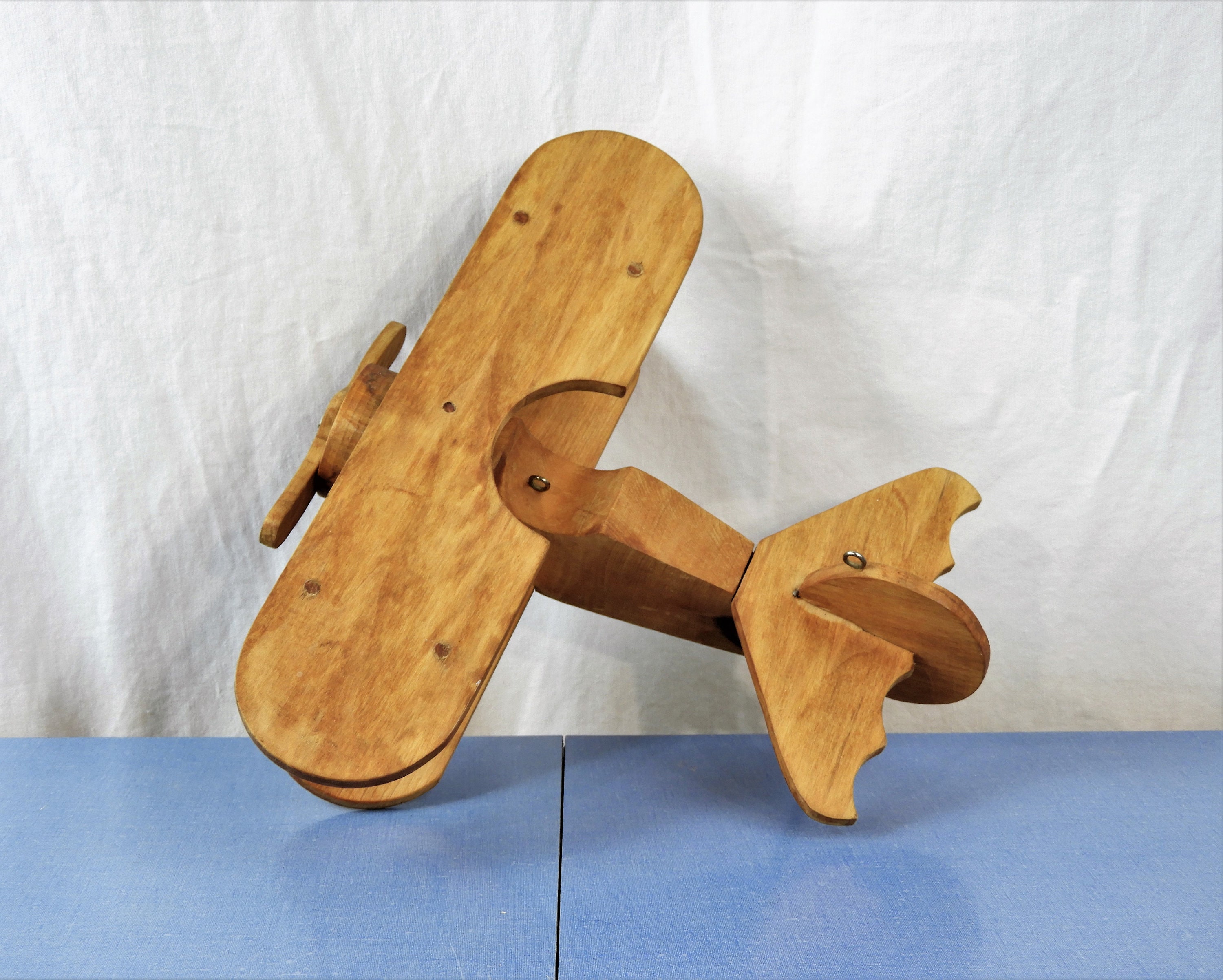 Vintage Wooden Plane, Brown Biplane, Wood Toy, Childrens Room Decor