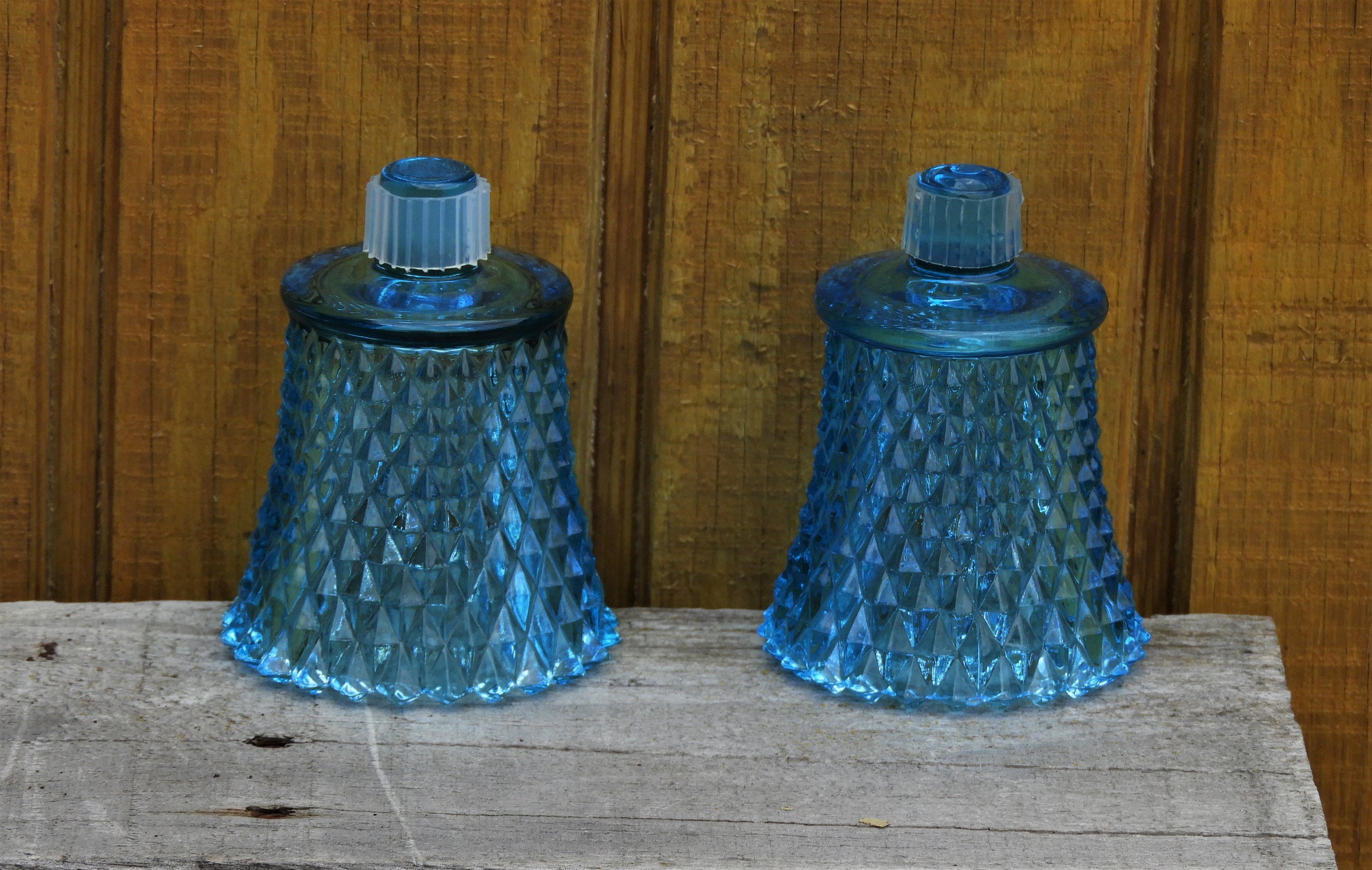Vintage Votive Candle Holders (2), Ice Blue Glass Cups, Hobnail Diamond