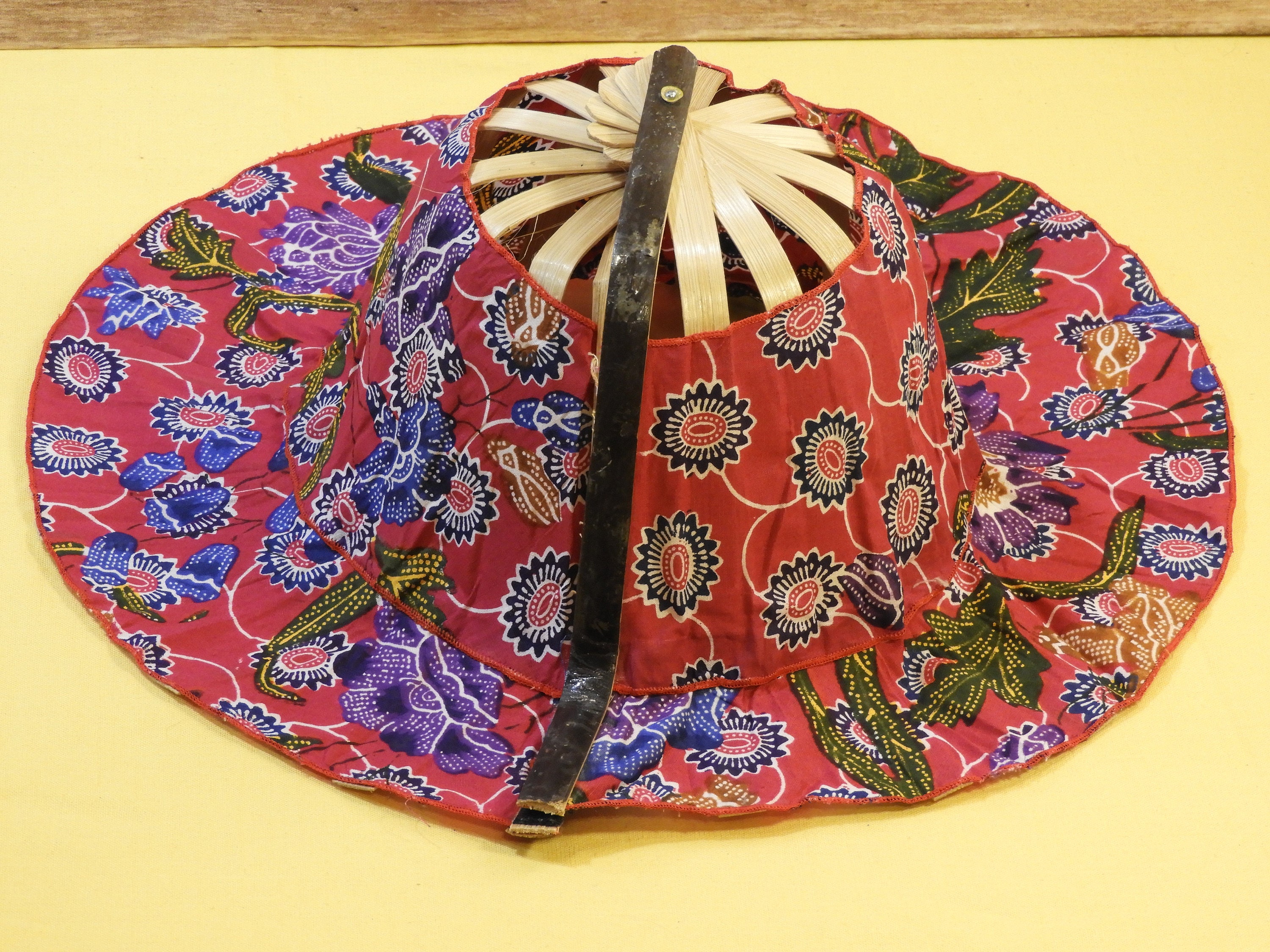 Vintage Folding Fan Hat, Indonesian Sun Hat, Red and Purple Floral Head