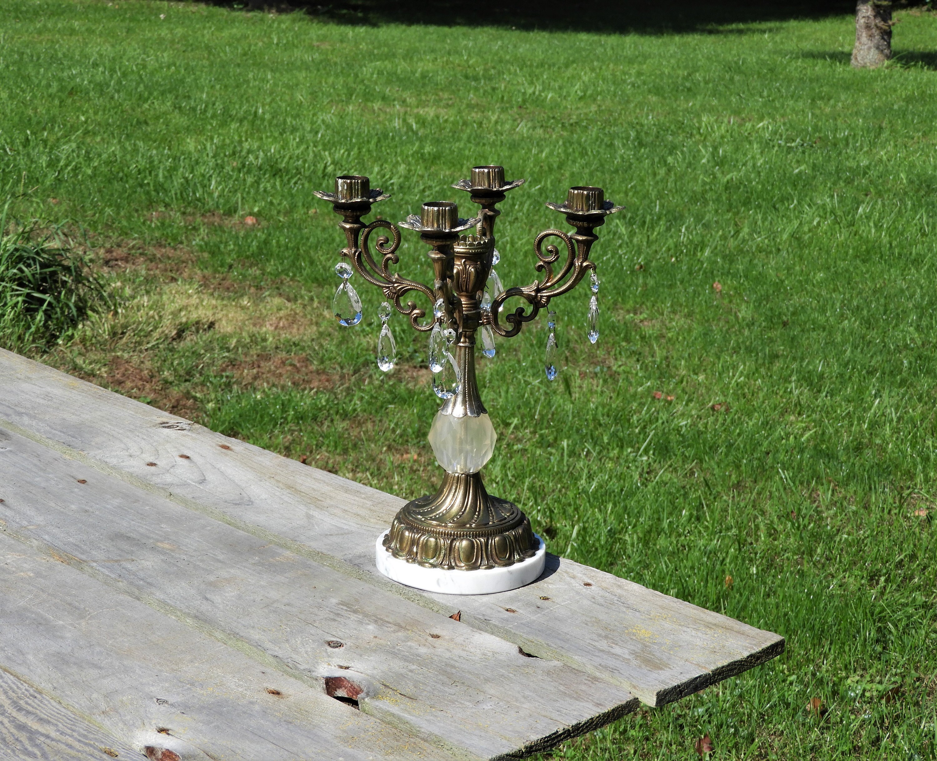 Vintage Bronze Candelabra, 5 Cup Candle Holder, Metal & Marble Light