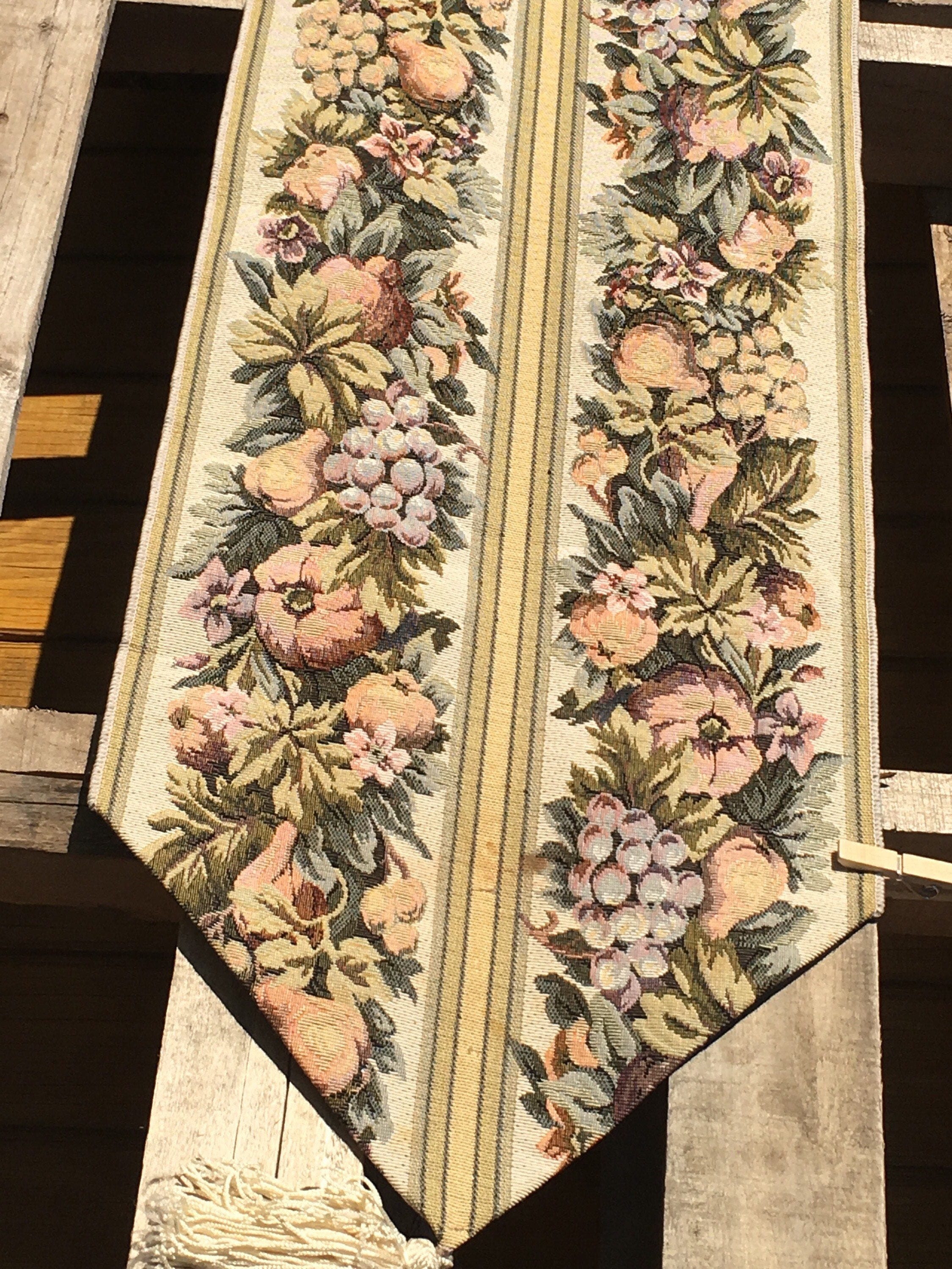 Vintage Table Runner, Decorative Gold Garden Theme Tapestry, Collectible Tapestry, 70 long Table