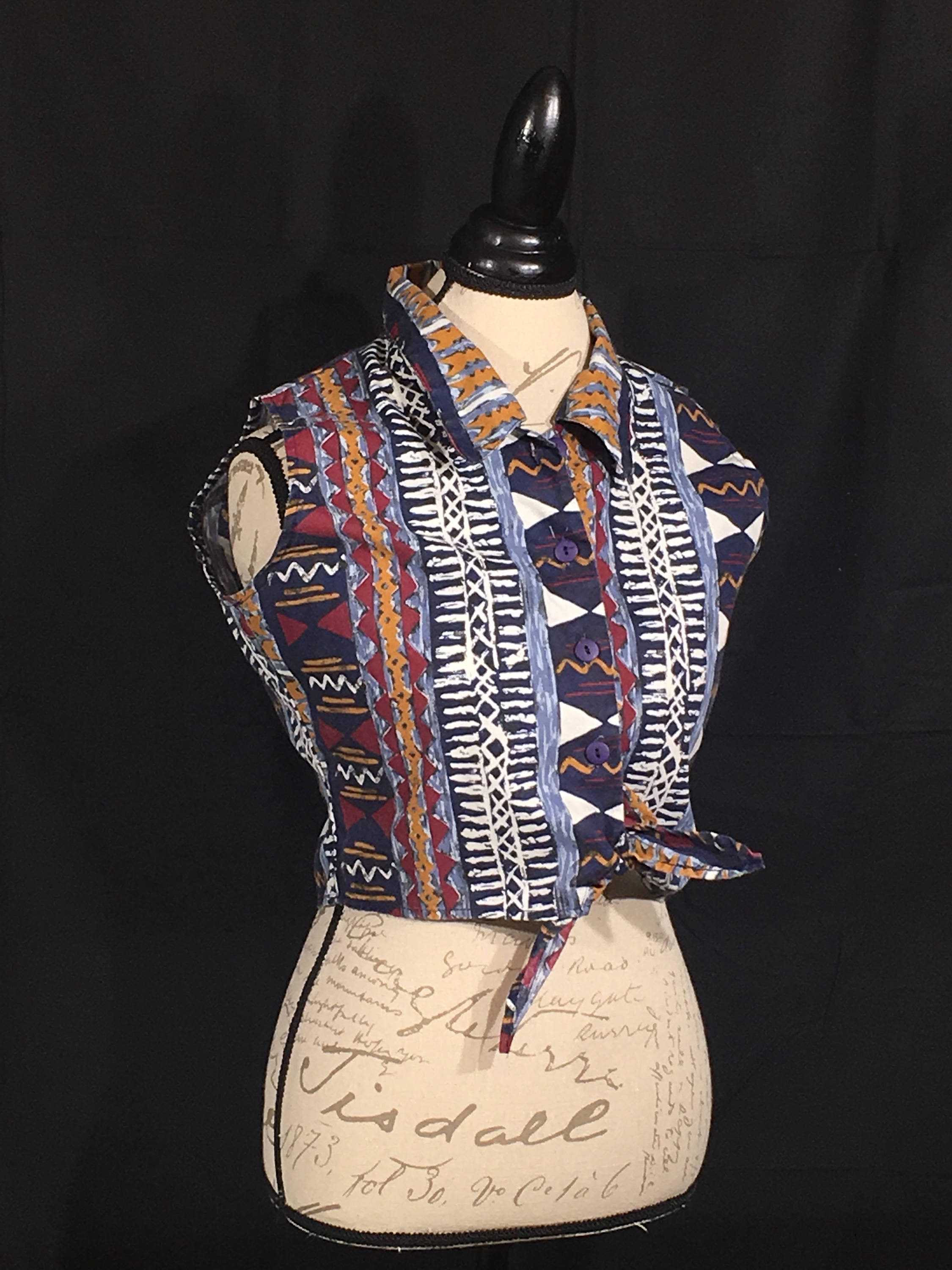 Vintage Daisy Duke Shirt, Bonjour Southwestern Theme Blouse, Blue White