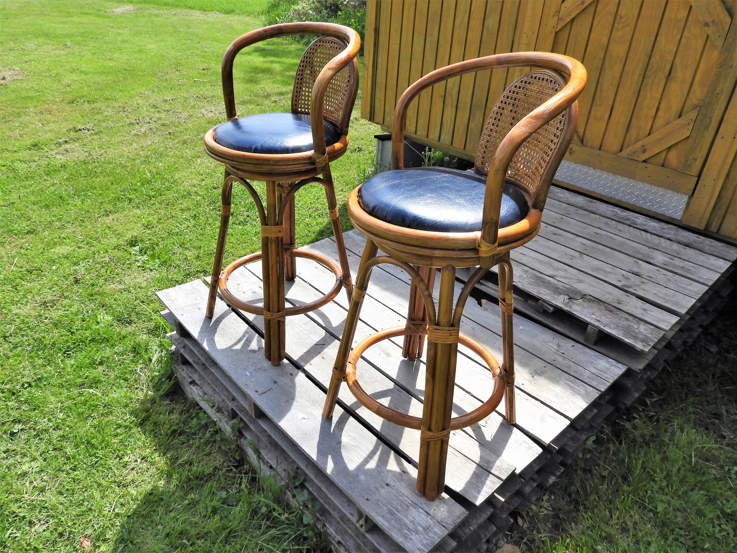 Vintage Tiki Cane Bar Stools (2), Wooden Barstools, Gold ...