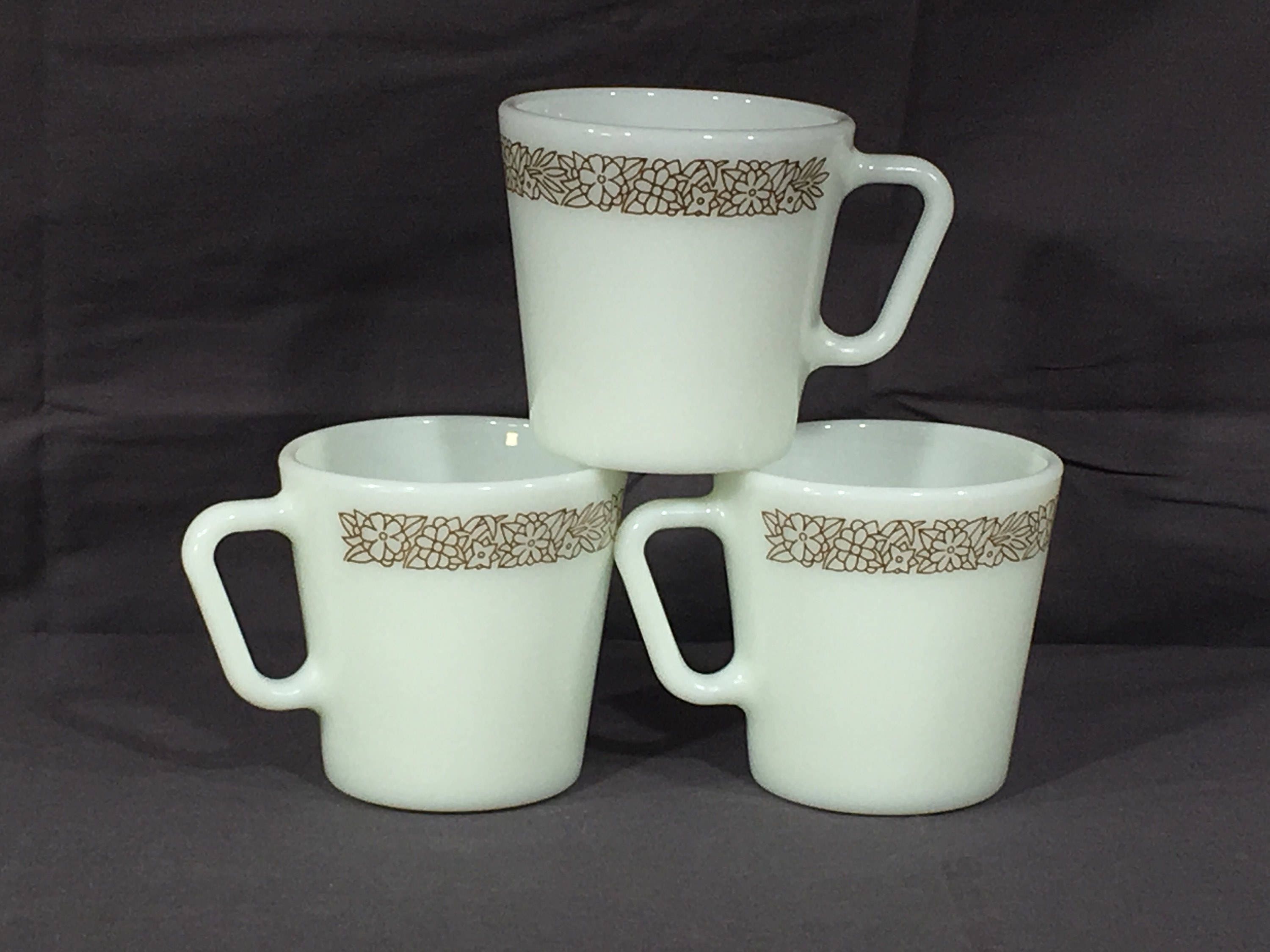 Vintage Pyrex Coffee Mugs (3), Woodland D Handle Cups, 1410 White