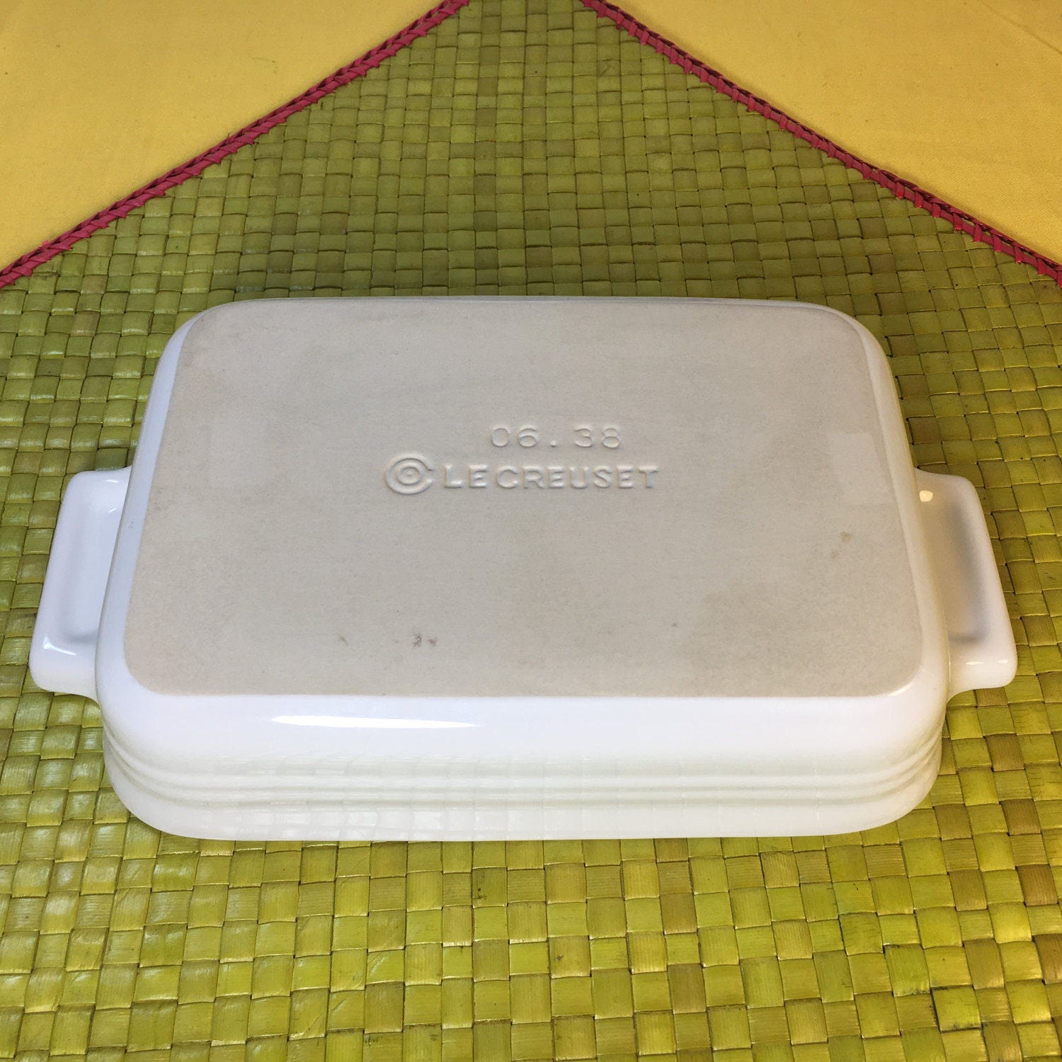 Vintage Ceramic Le Creuset Casserole Serving Dish w/Built In Handles, White Enamel Over