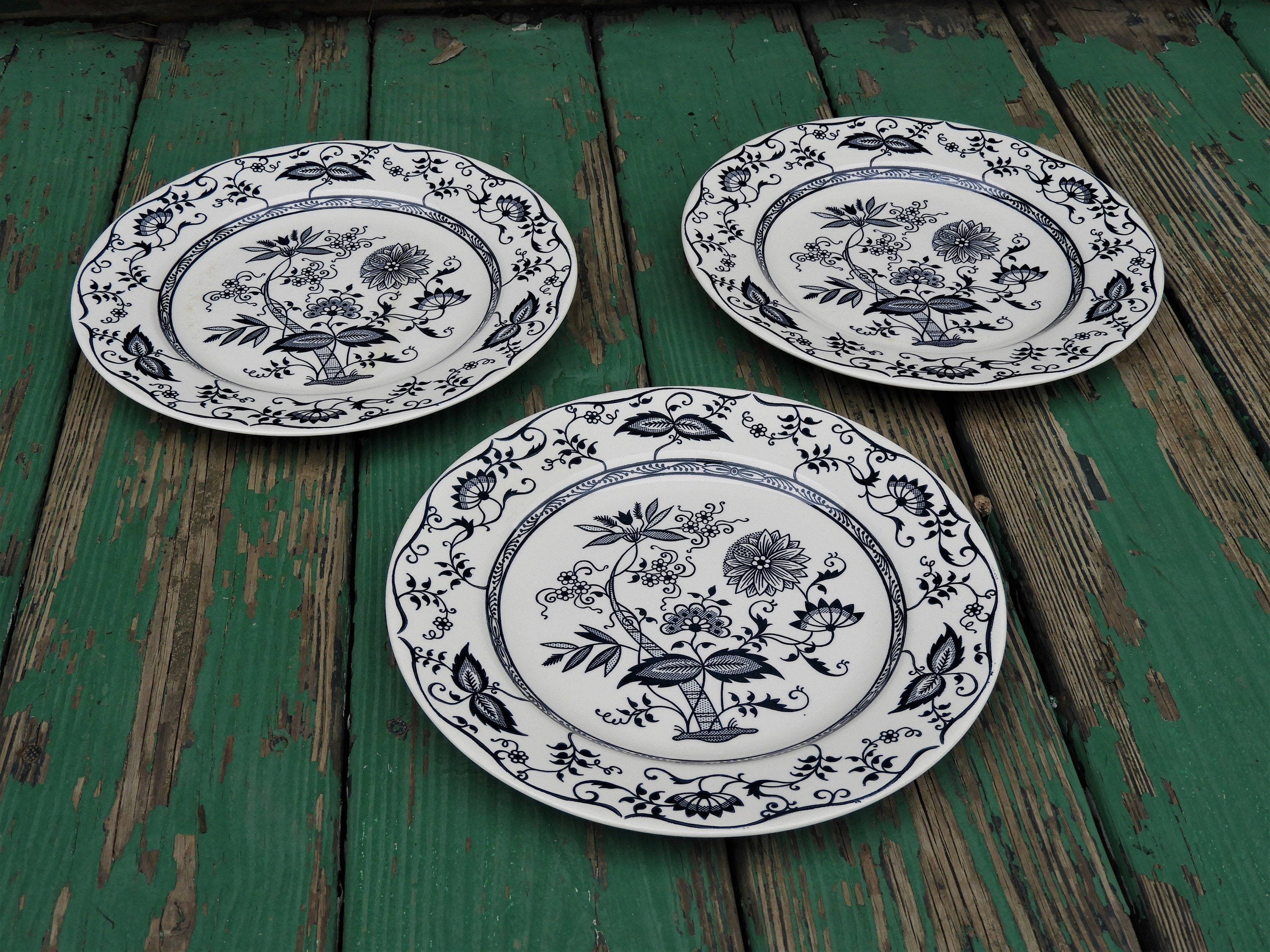 Vintage Blue Onion Plates 3 Decorative China Dishes Round