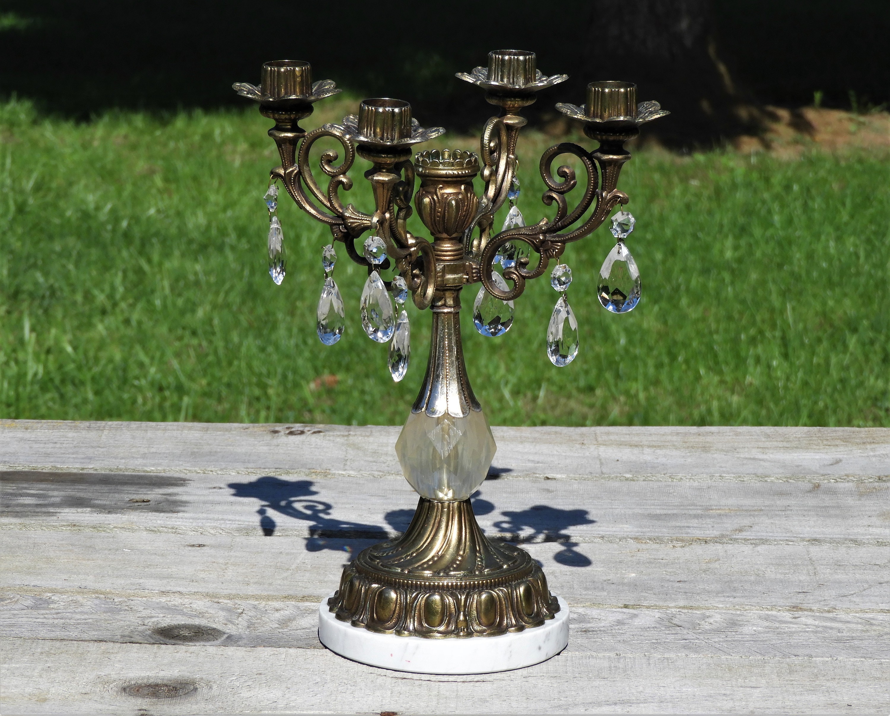 Vintage Bronze Candelabra, 5 Cup Candle Holder, Metal & Marble Light