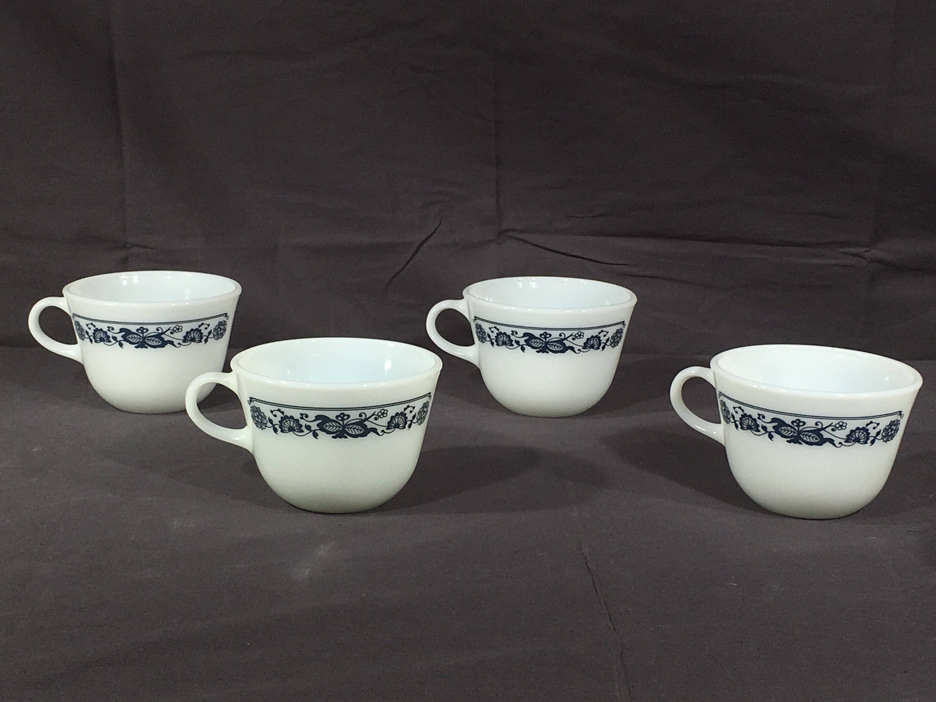 Vintage Blue Onion Cups (4), Pyrex Old Town Teacups, Blue & White