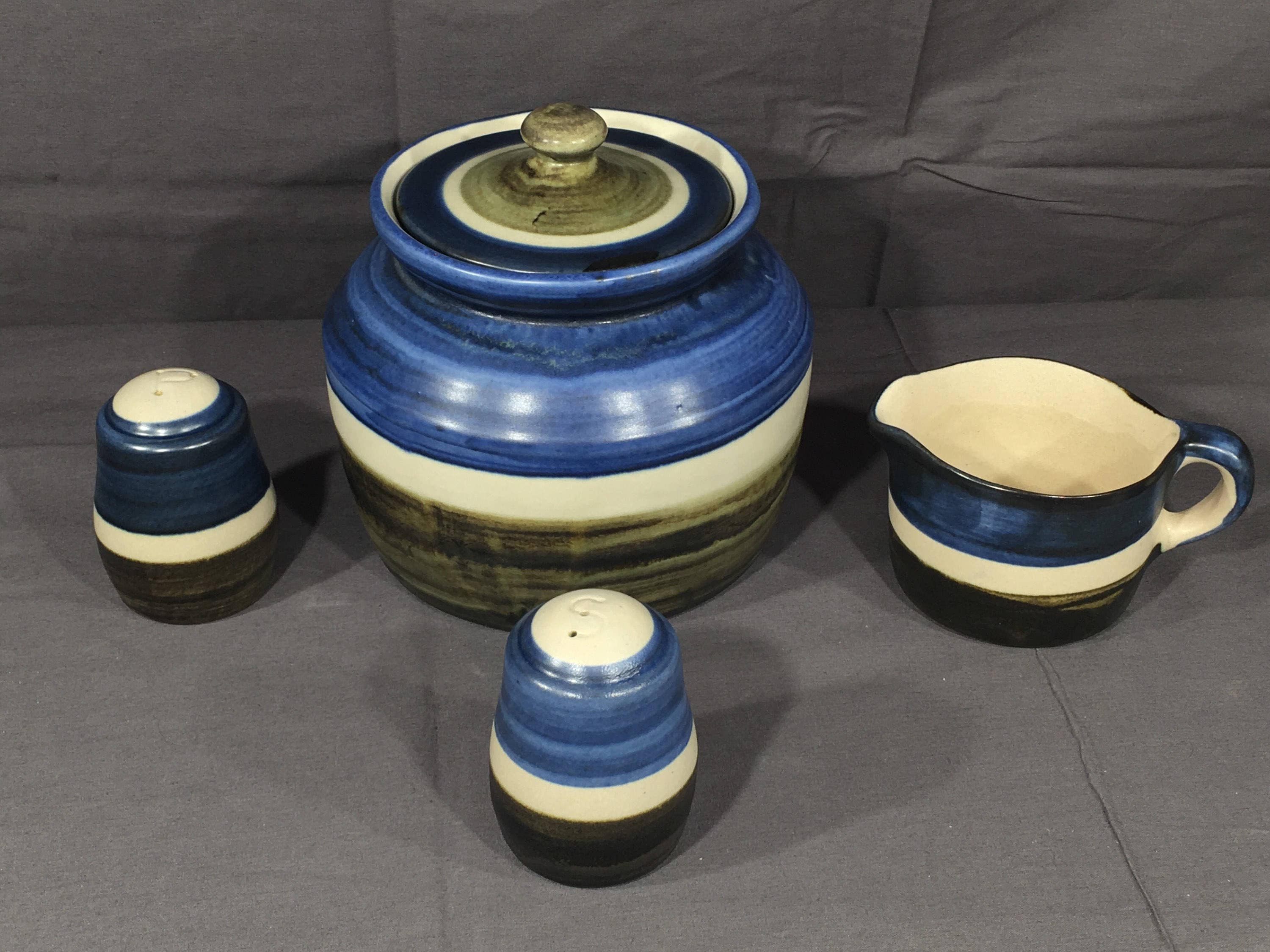 Vintage Pottery Set (5 pcs), Chatham NJ Pottery, Decorative Blue