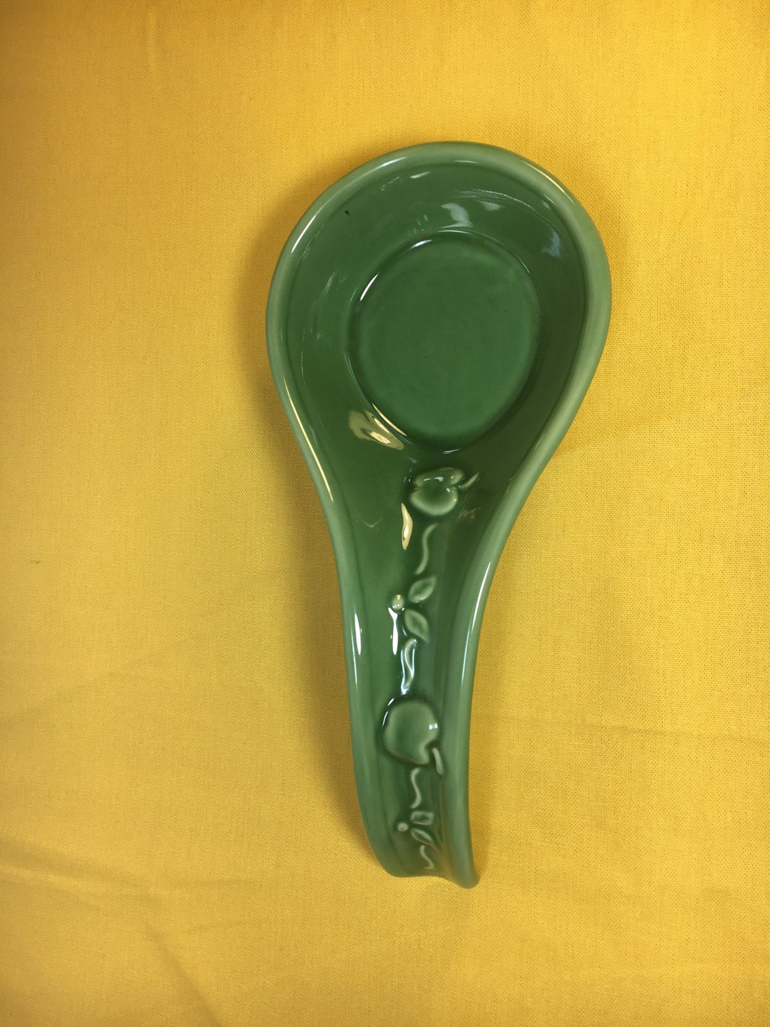 Green Ceramic Spoon Rest, 8 Countertop Spoon Rest, Embossed Apple