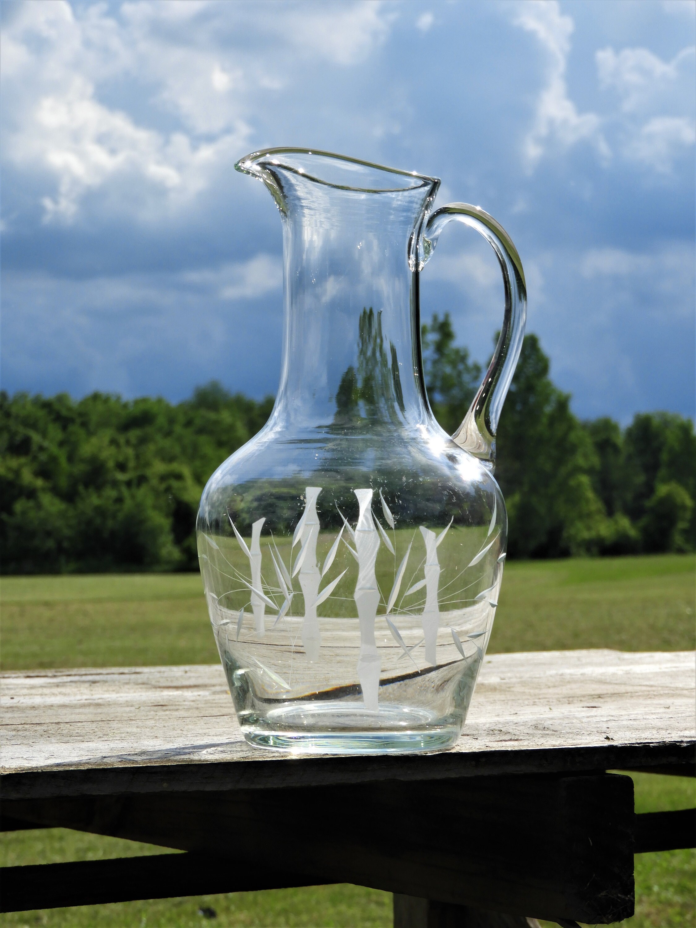 Vintage Juice Pitcher, Etched Cut Glass Carafe, 2 qt Bamboo Theme