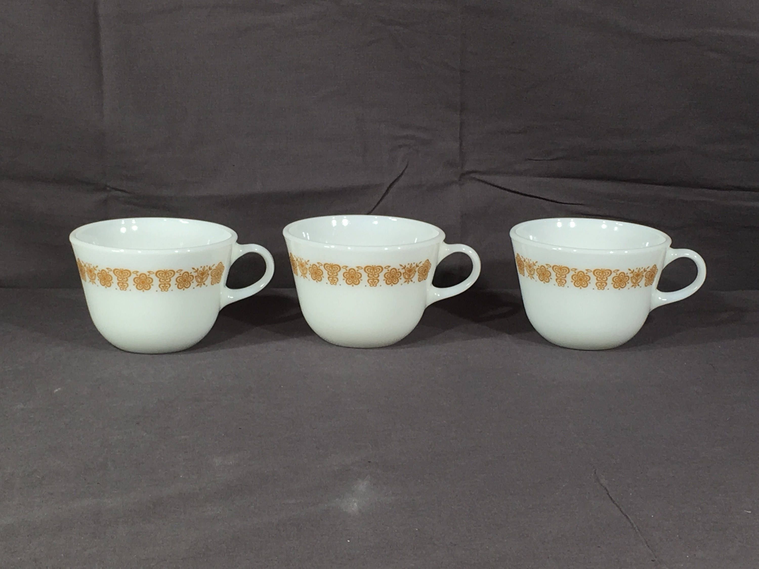 Vintage Pyrex Tea Cups (3), Butterfly Gold White Coffee Mugs