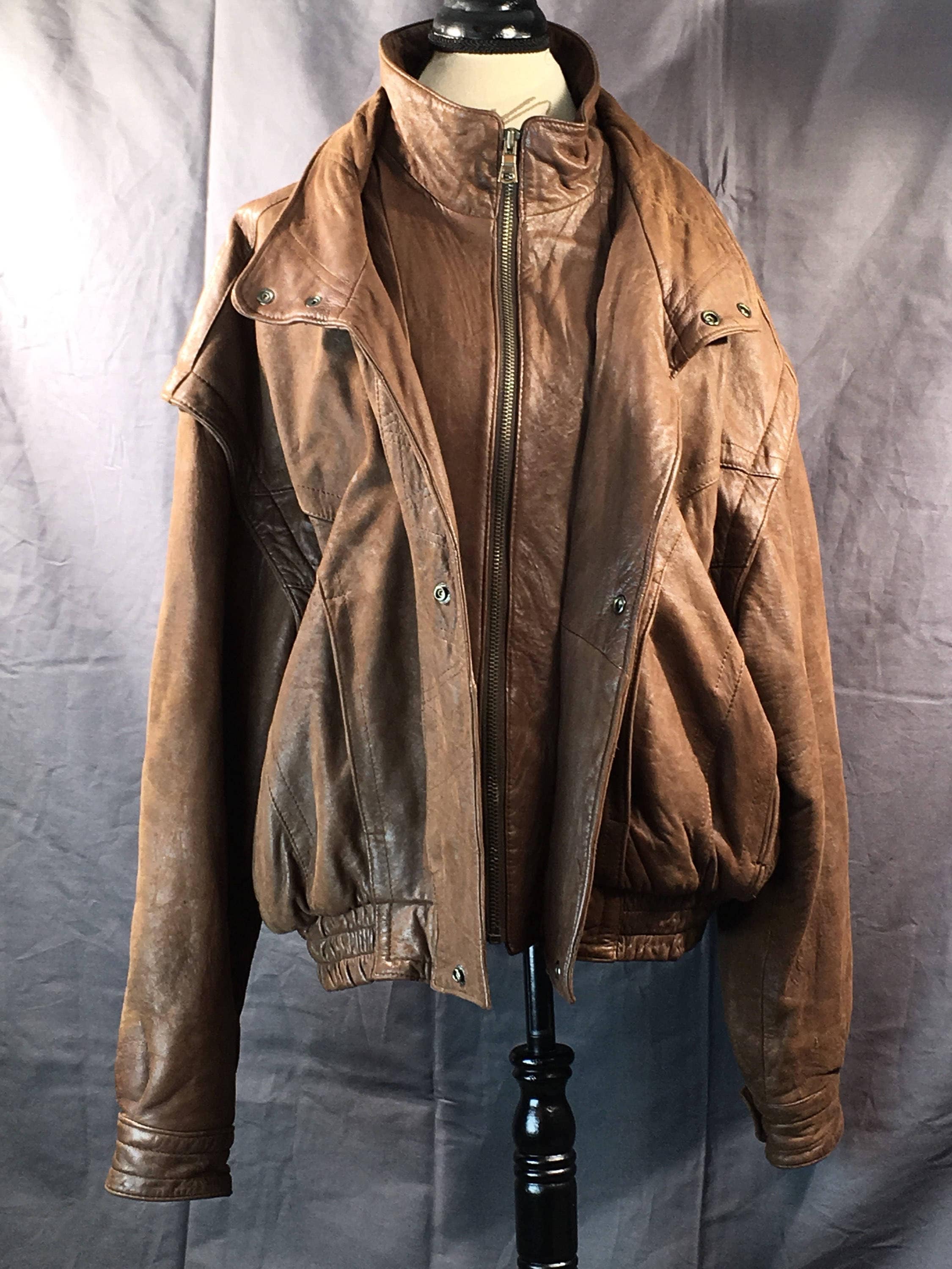 Vintage Men's Leather Jacket, Mens Large Brown Jacket, Genuine Leather