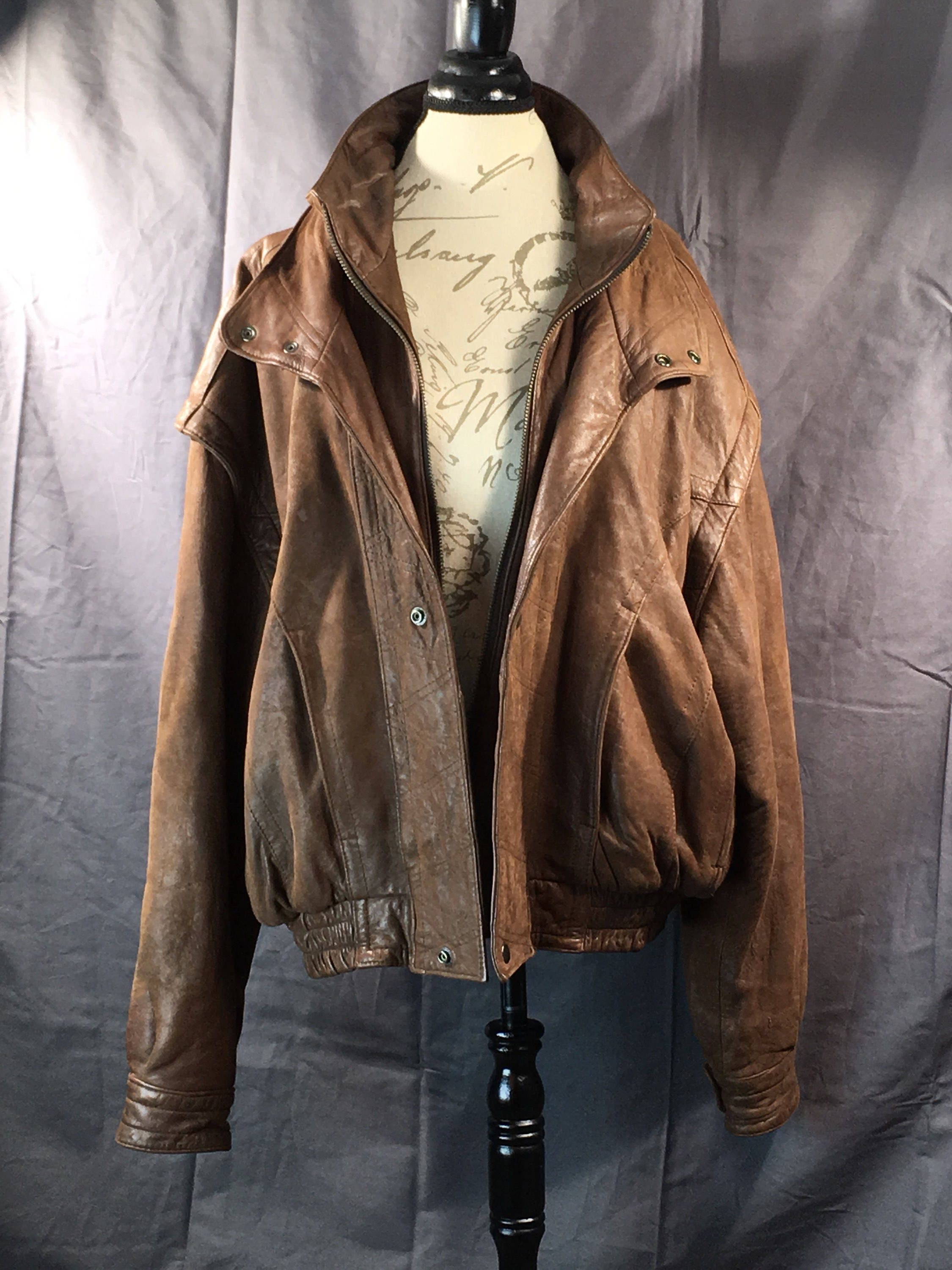Vintage Men's Leather Jacket, Mens Large Brown Jacket, Genuine Leather ...