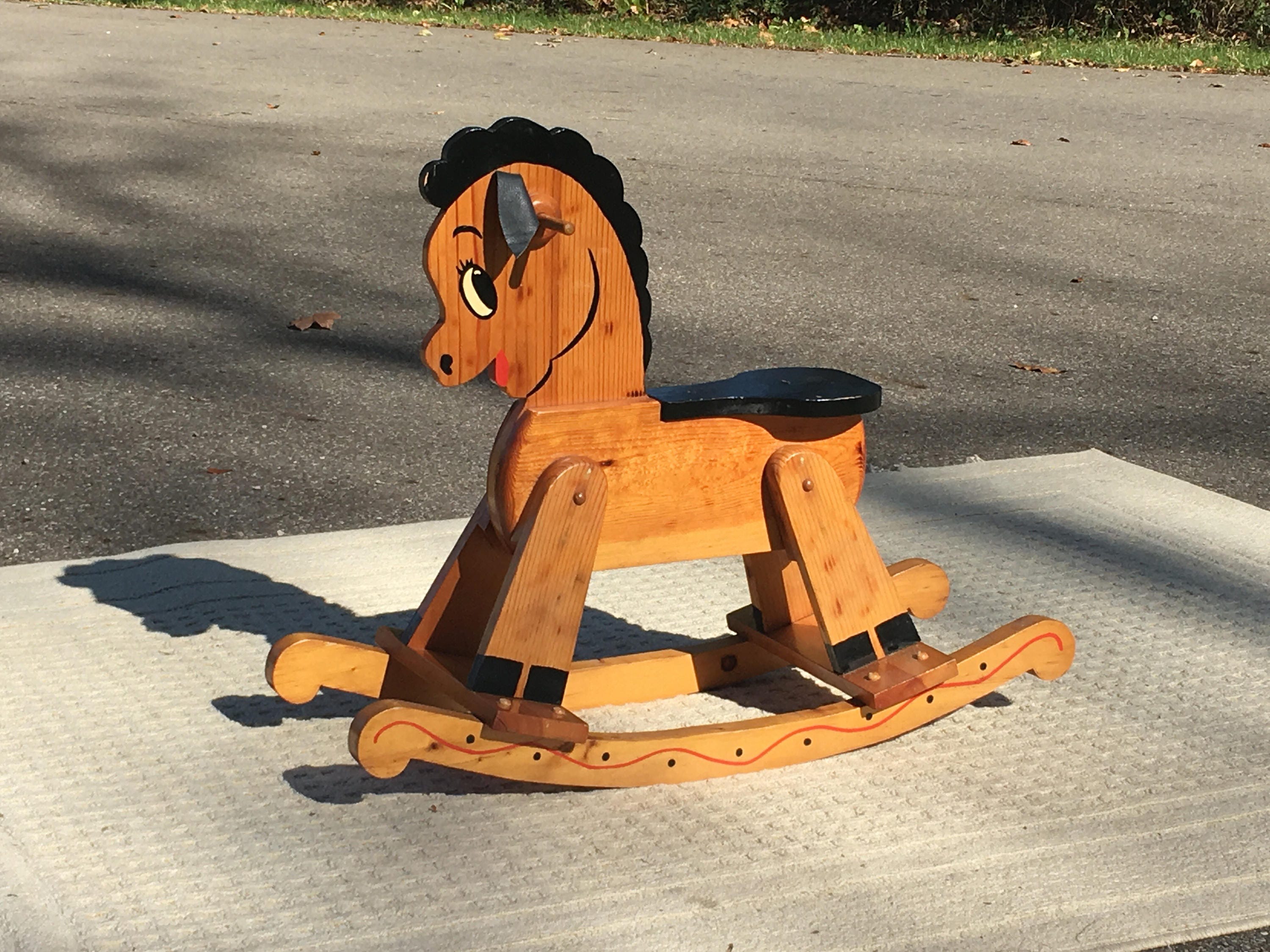 Vintage Rocking Horse, Wooden Children's Toy, Golden Brown & Black