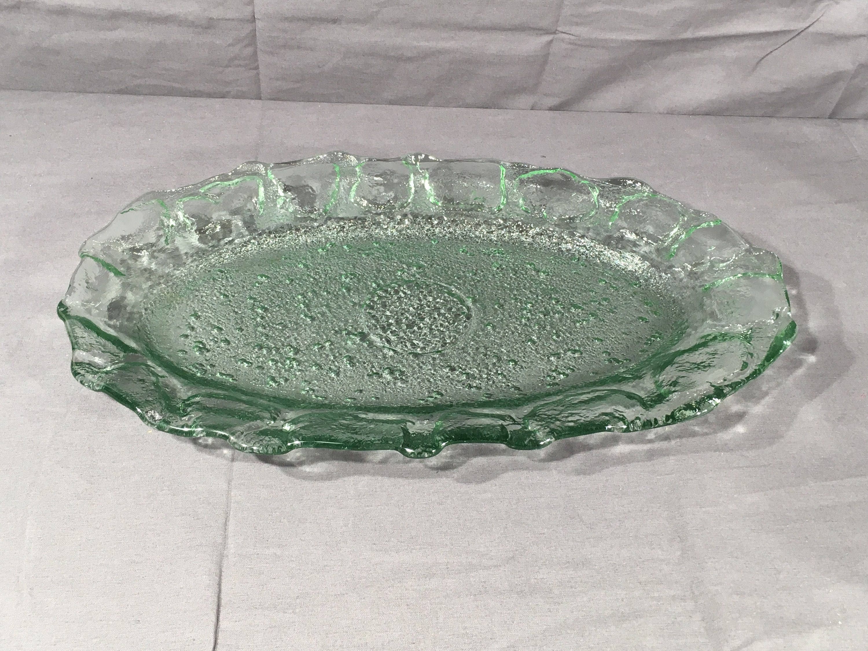 Vintage Bubble Glass Platter, Clear Green Glass Dinnerware, Decorative