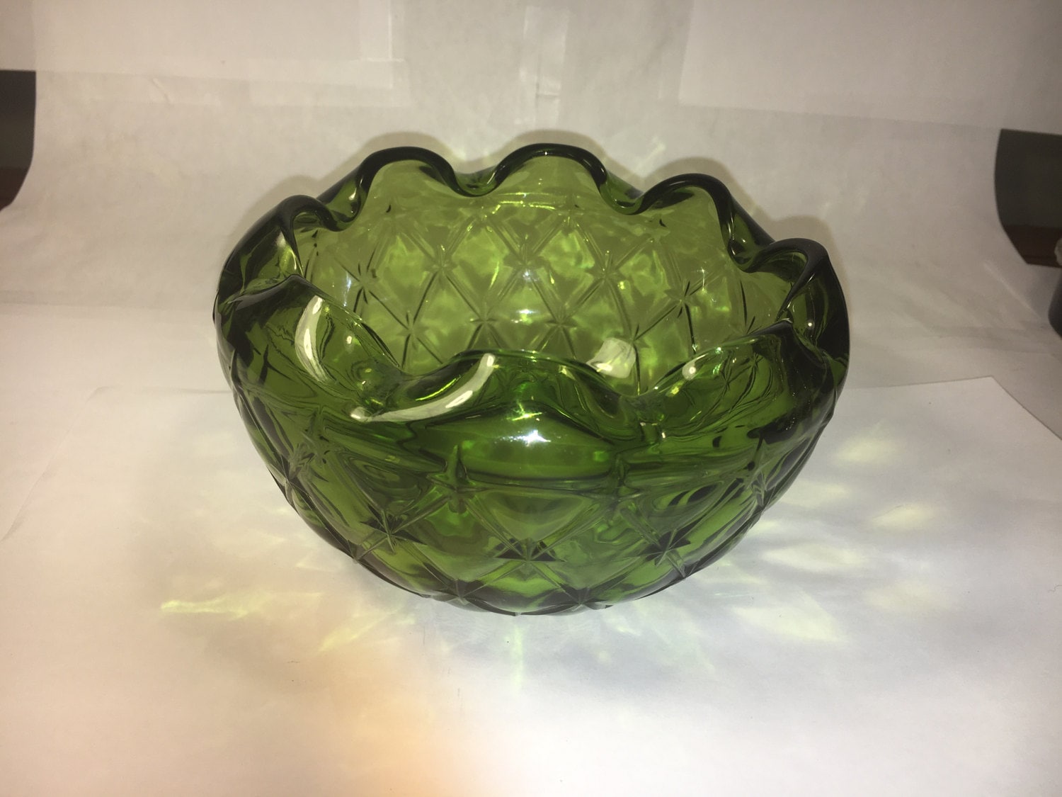 Vintage Green Glass Dish, Decorative Serving Bowl, Candy Dish, Ruffled
