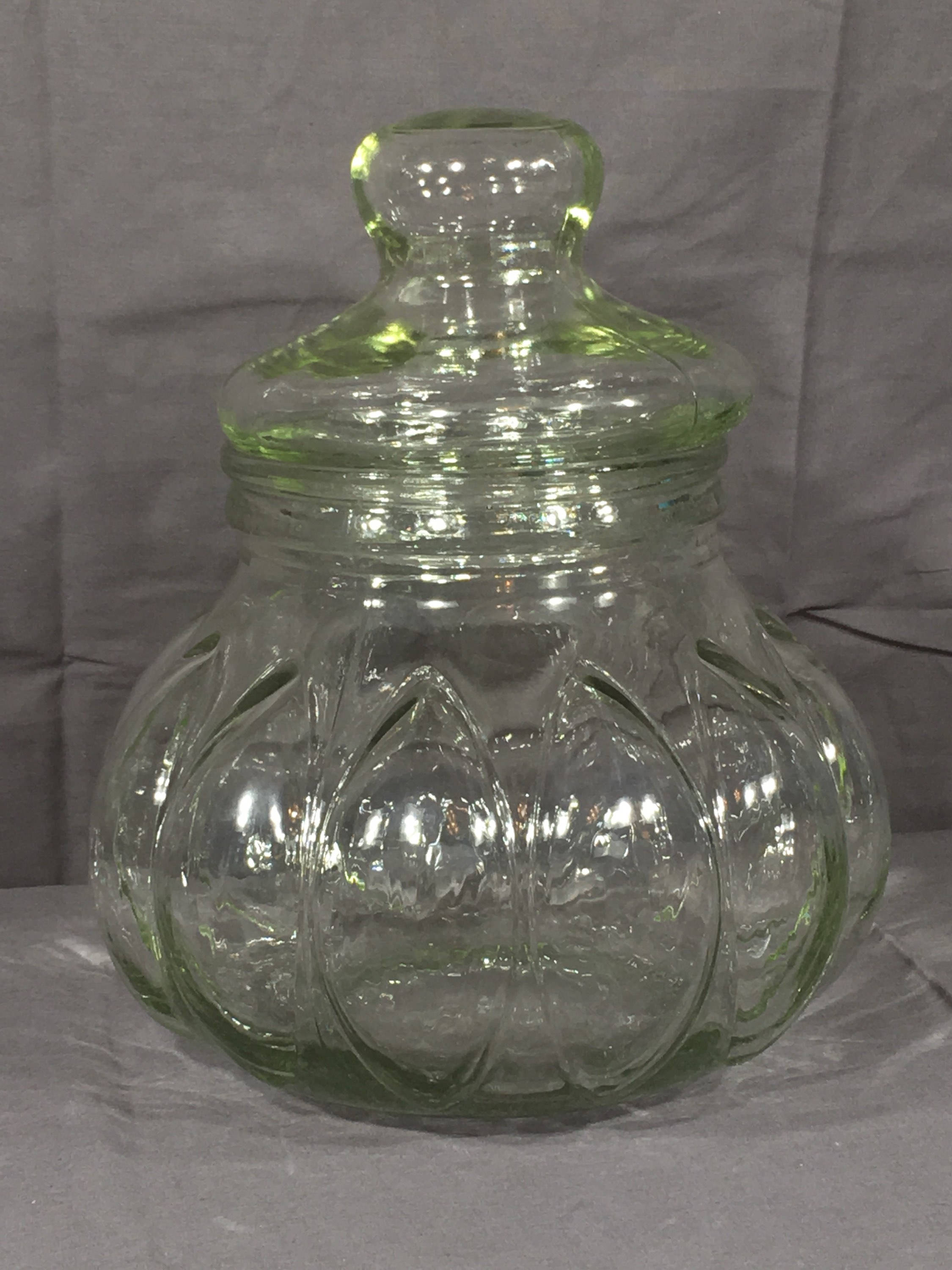 Vintage Big Melon Canister, Decorative Kitchen Glassware, Green Clear