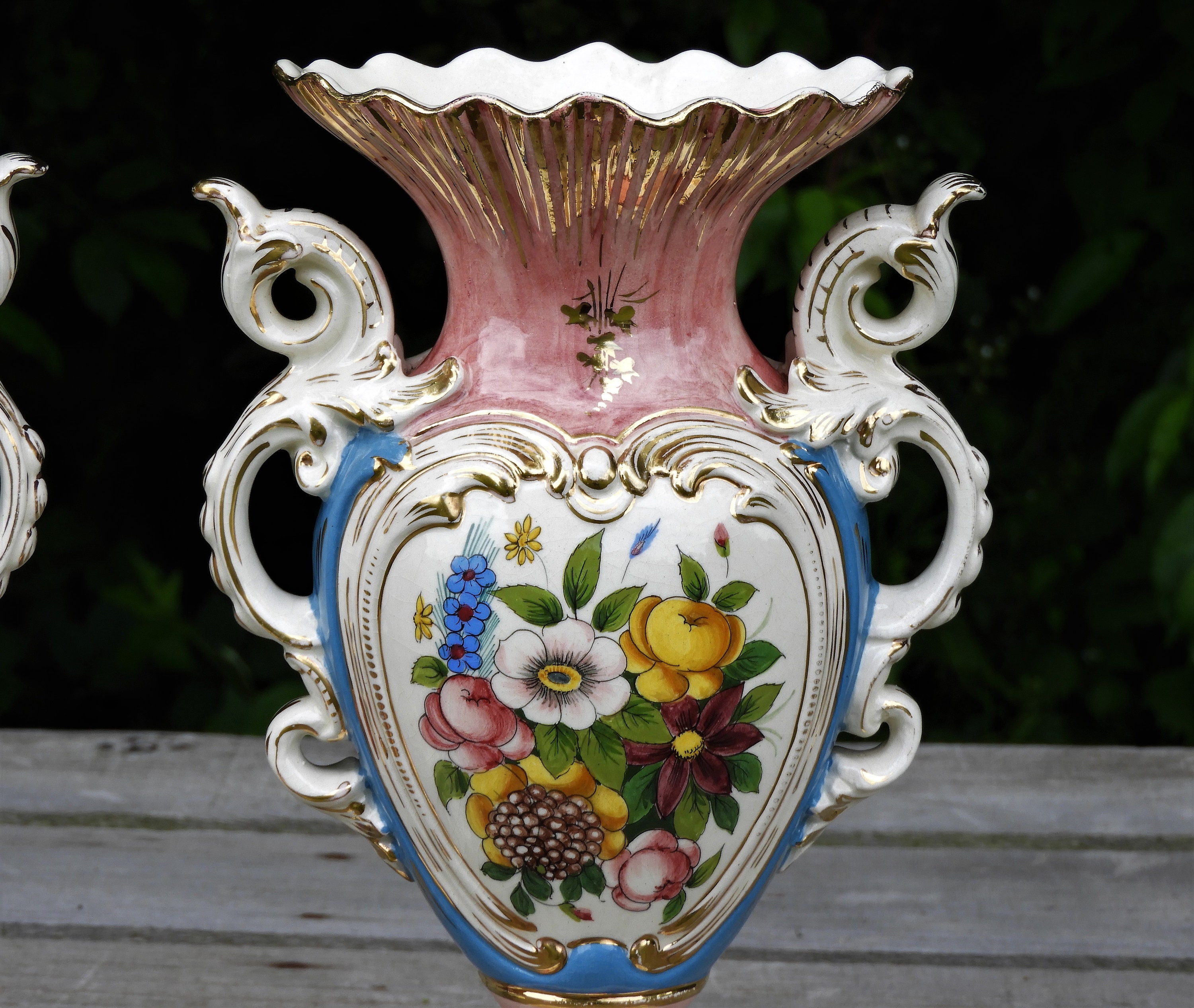 Vintage Italian Vases (2), Victorian Rococo, Aged Porcelain, Gold Gilt