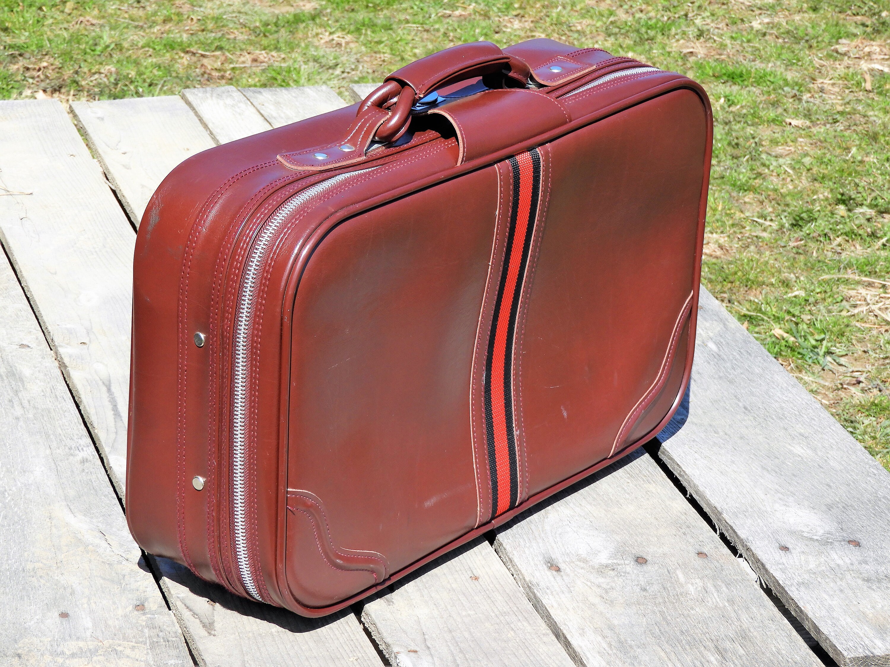 Vintage Carryon Luggage, Red Stripe Overnight Bag, Faux Leather