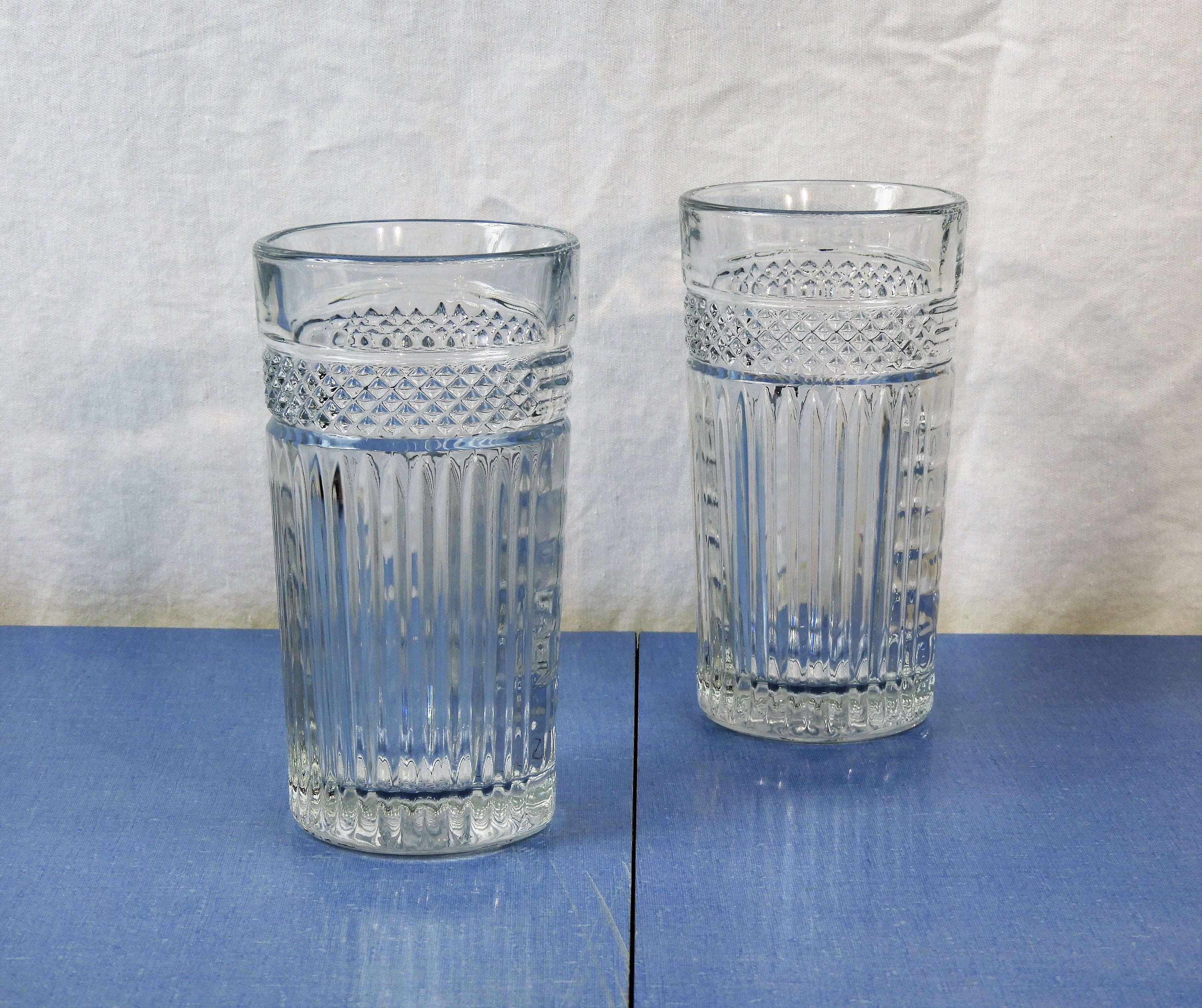 Vintage Glass Tumblers (2), 16 oz Libbey USA, Clear Ribbed Glasses
