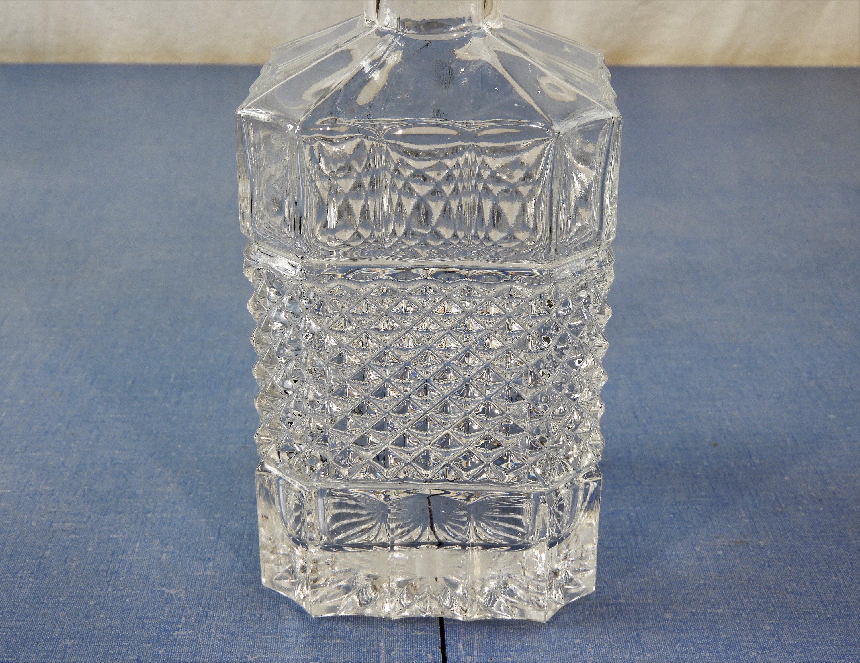 Vintage Cut Glass Decanter, Clear Crystal Bottle, Diamond Hobnail