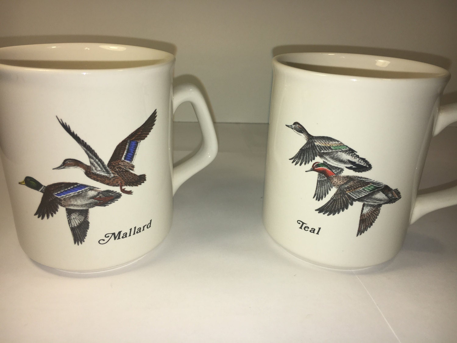 Vintage Duck Mugs Set of (2) Gray Brown Mallard & Teal Duck Cups Mugs