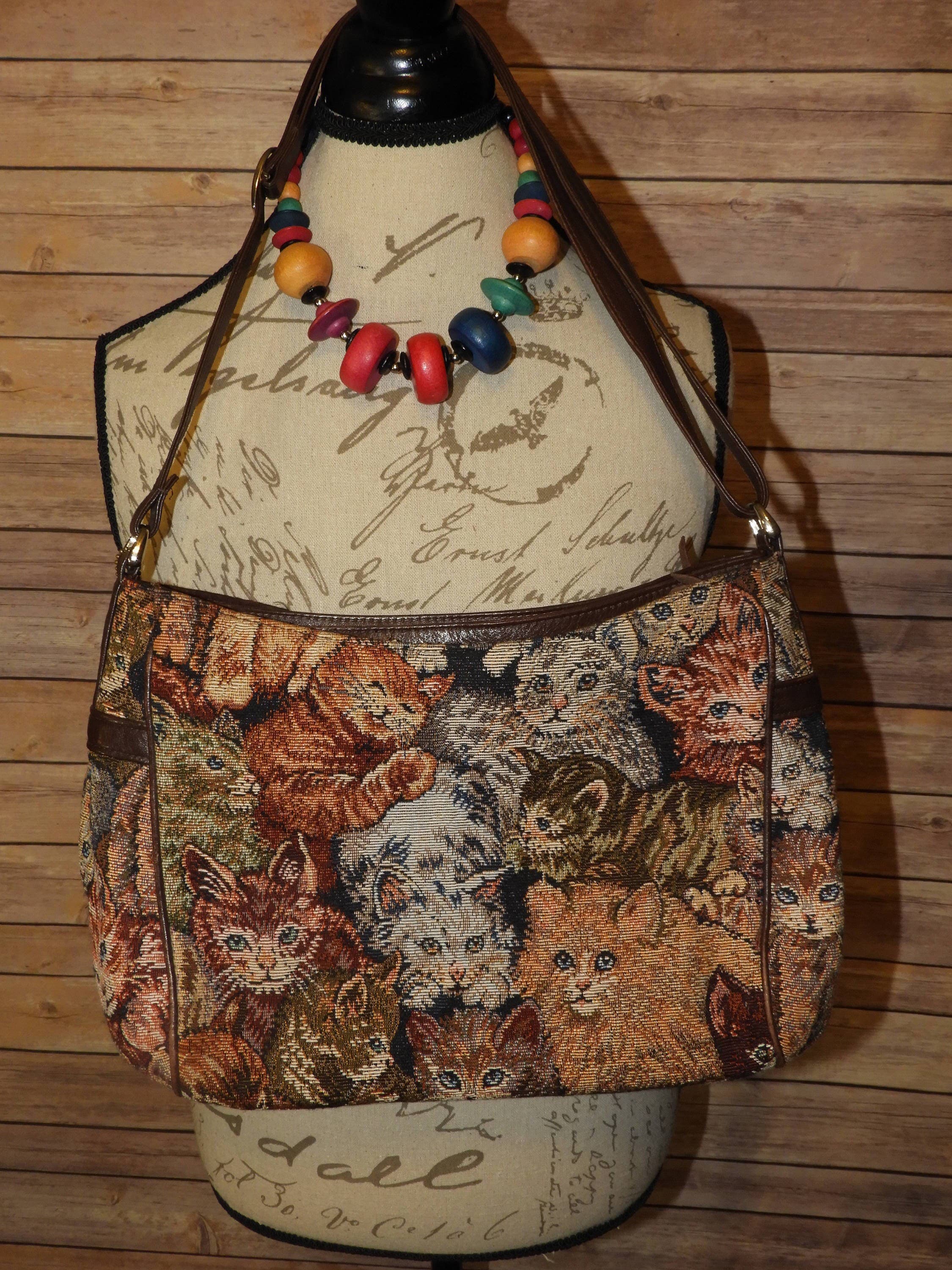 Vintage SAS Cat Theme Tapestry and Genuine Leather Shoulder Bag, Gray