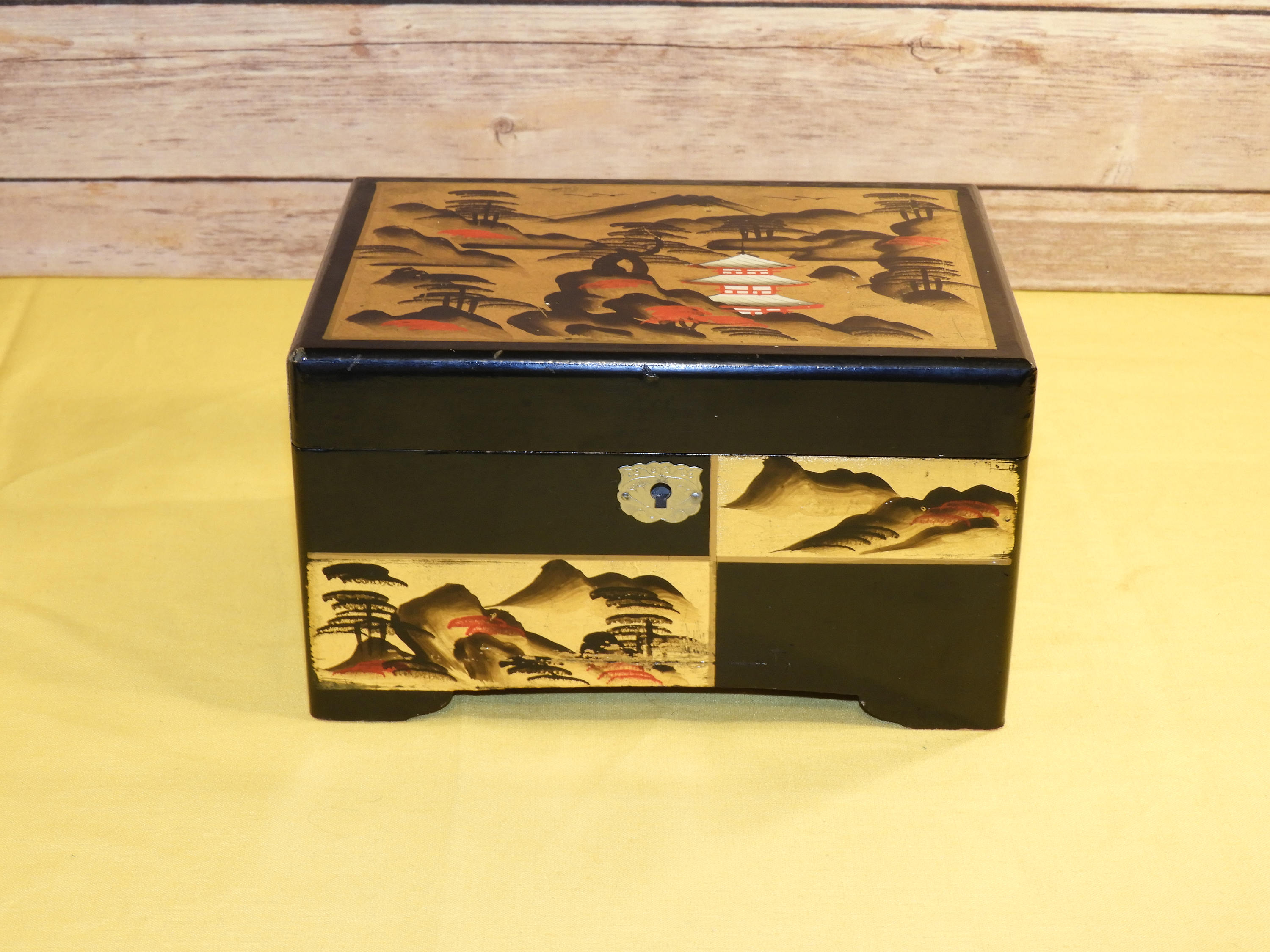Vintage Tilso Fuji Oriental Music Jewelry Box Black Gold Red Etsy