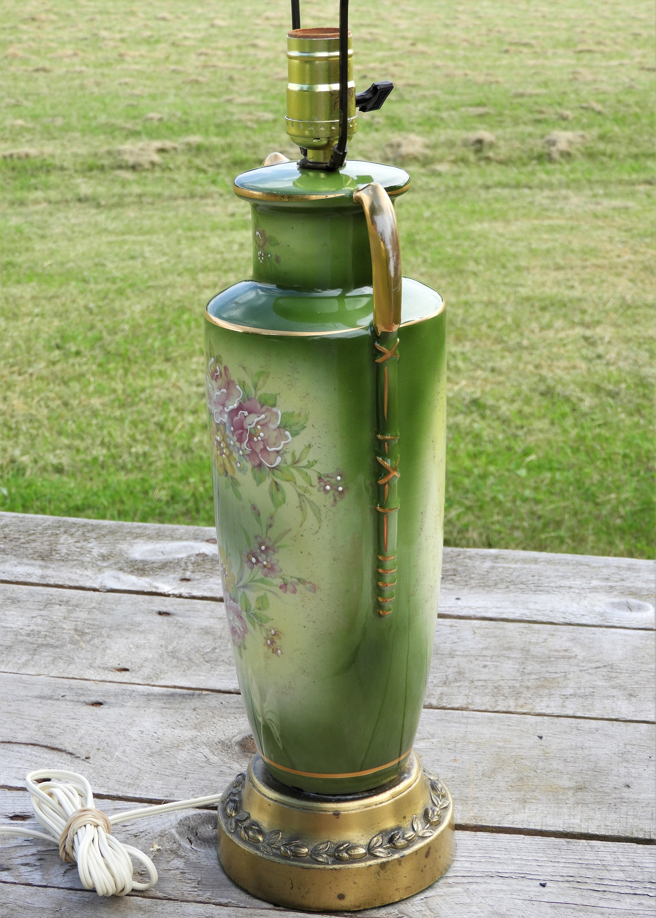 Vintage Nippon Urn Lamp, Pink Rose Porcelain Light, Decorative Green