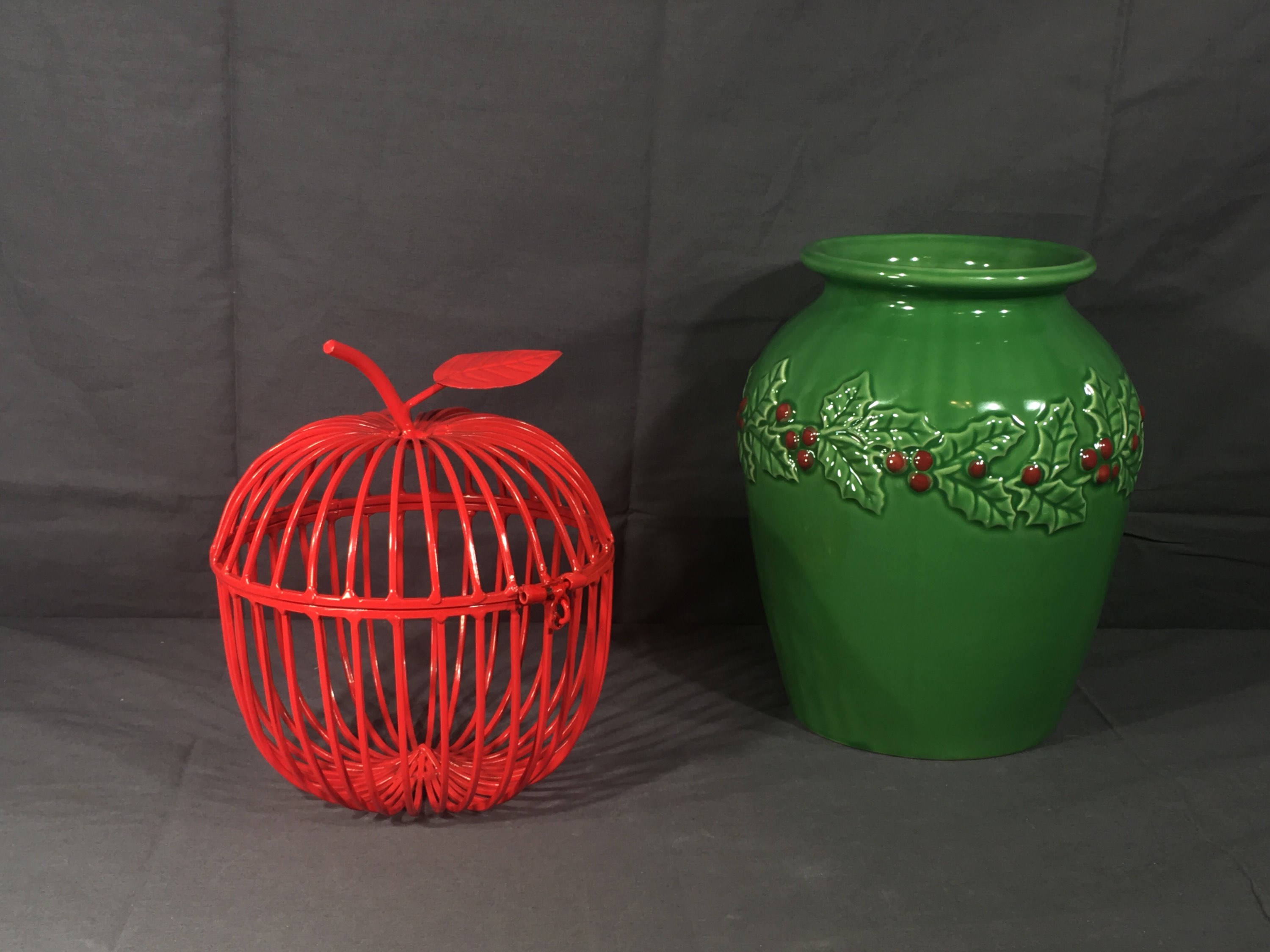Vintage Apple Basket Decorative Red Metal Cage Hinged Apple Box