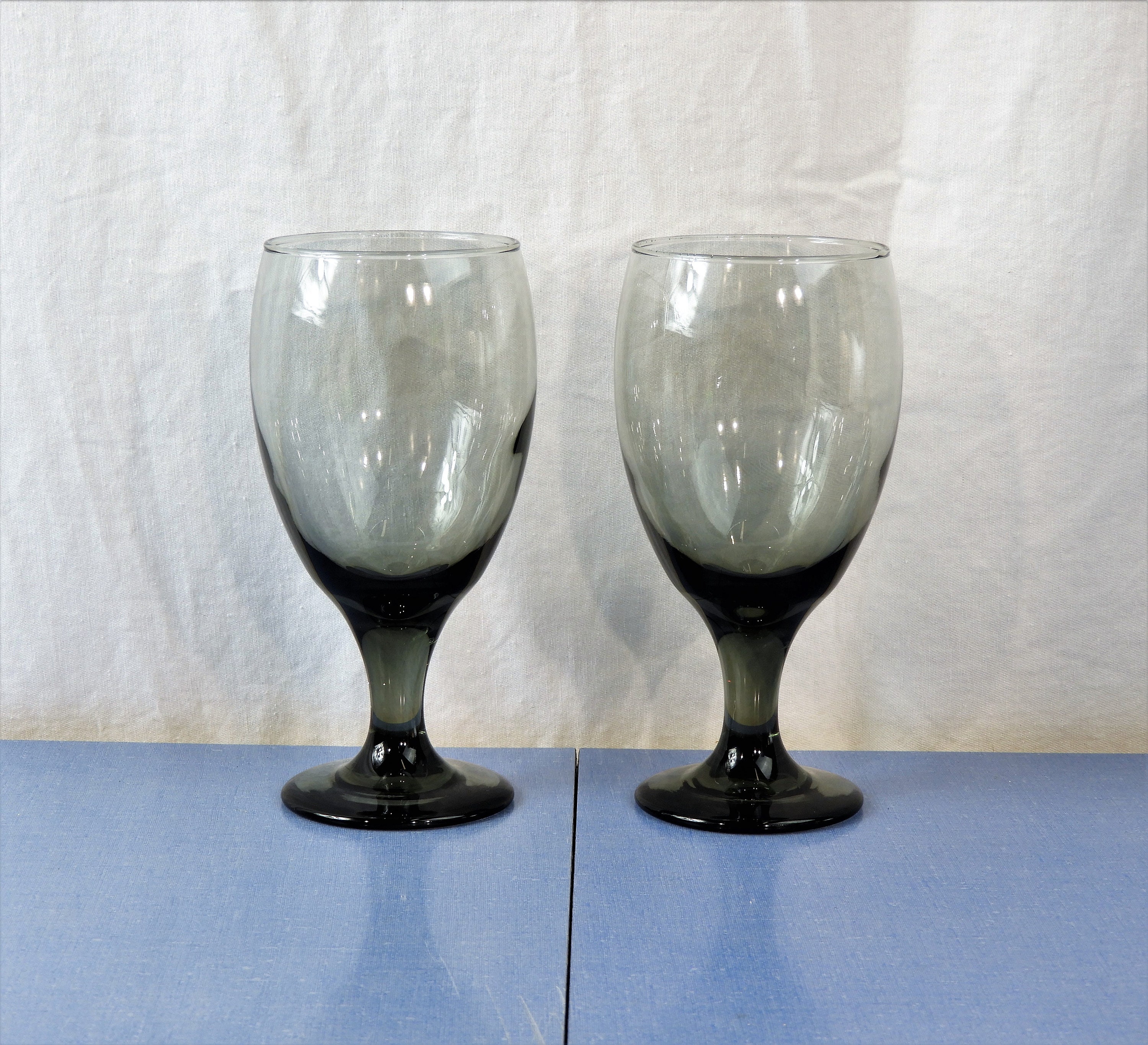 Vintage Fenton Goblets (2), Smoke Glass Stemware, Clear Gray Glasses, Blown Glassware, 16 oz
