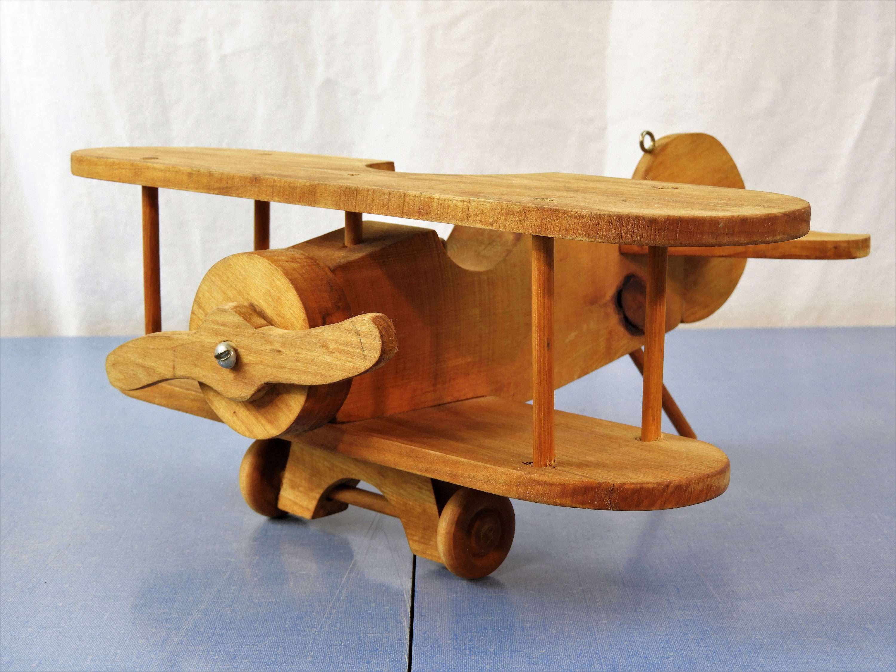 Vintage Wooden Plane, Brown Biplane, Wood Toy, Childrens Room Decor