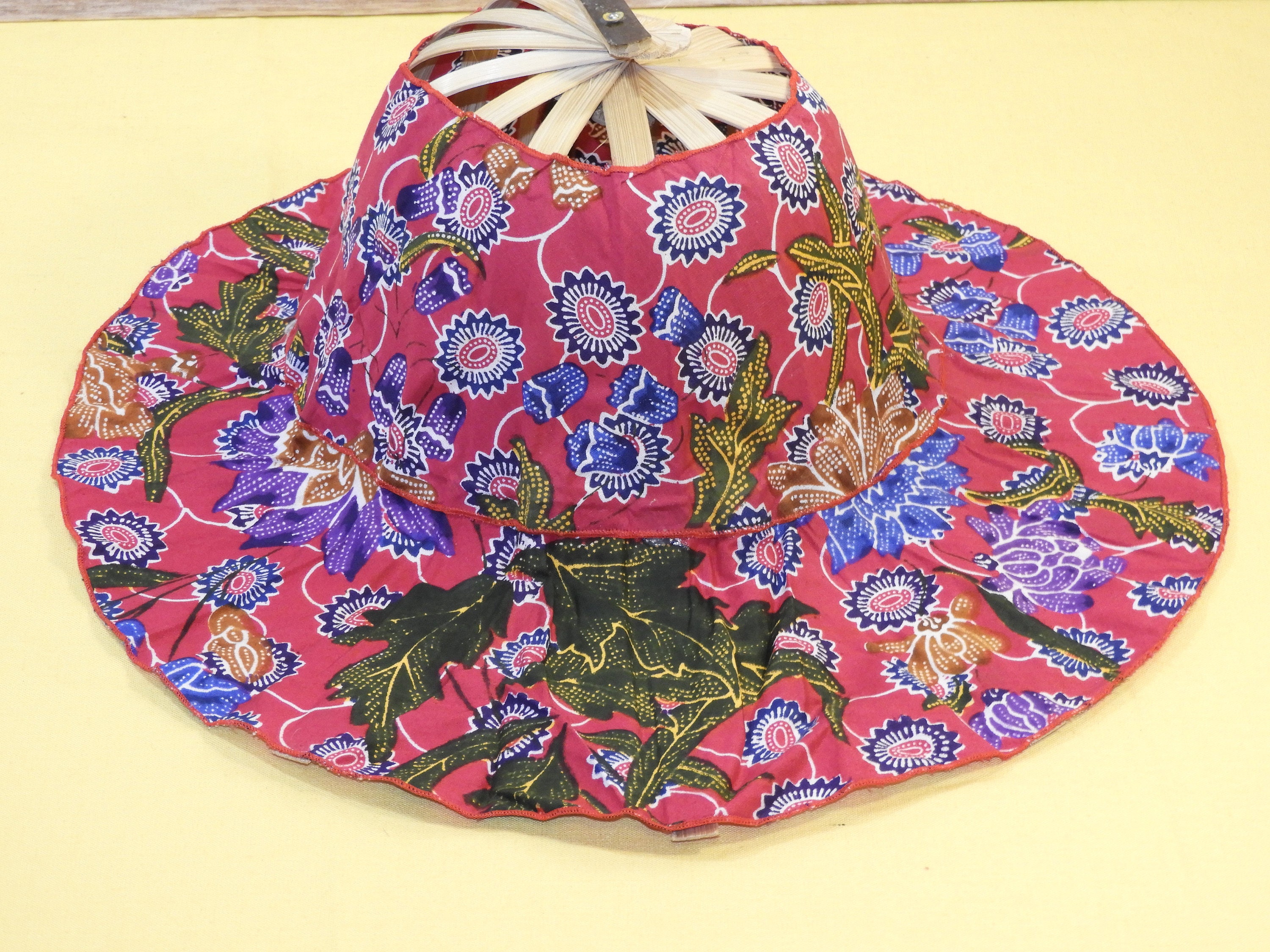 Vintage Folding Fan Hat, Indonesian Sun Hat, Red and Purple Floral Head ...