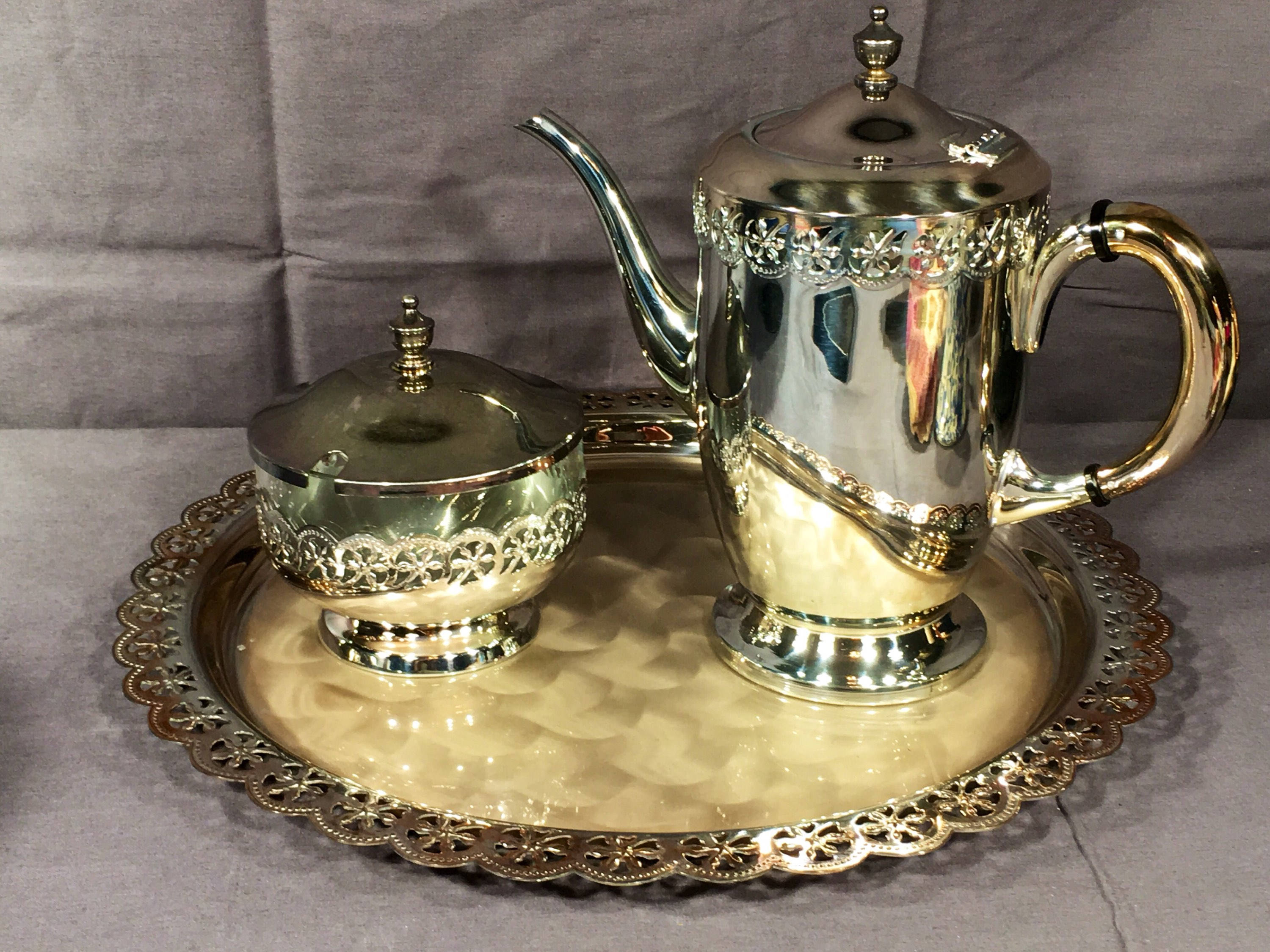 Vintage Silver Tea Set, Decorative Silver Plated Tray Teapot Sugar Bowl