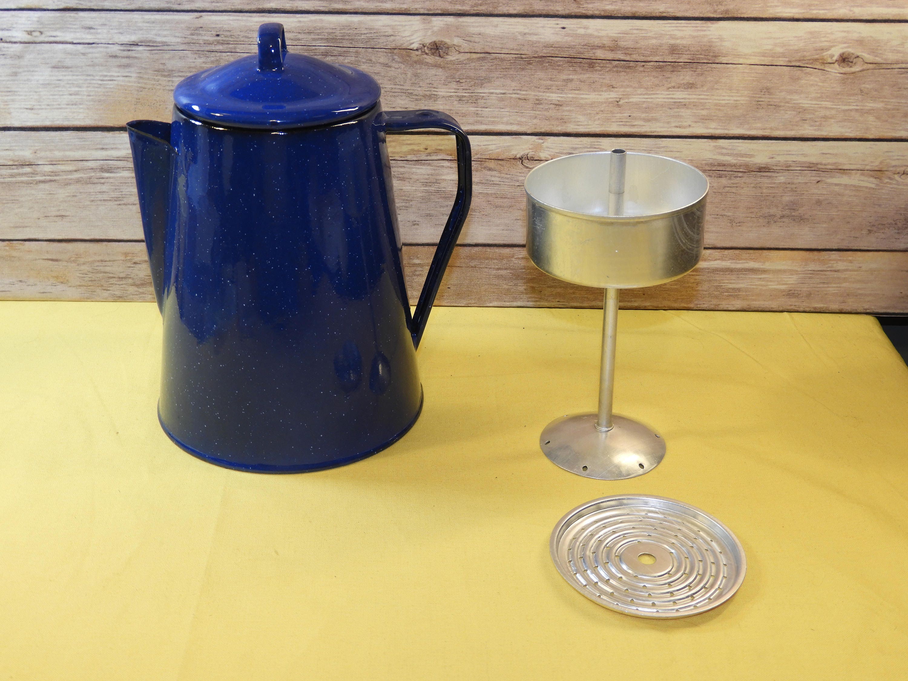 Vintage Enamel Ware Coffee Pot w/Inner Parts, Blue Enamel Spatter Ware